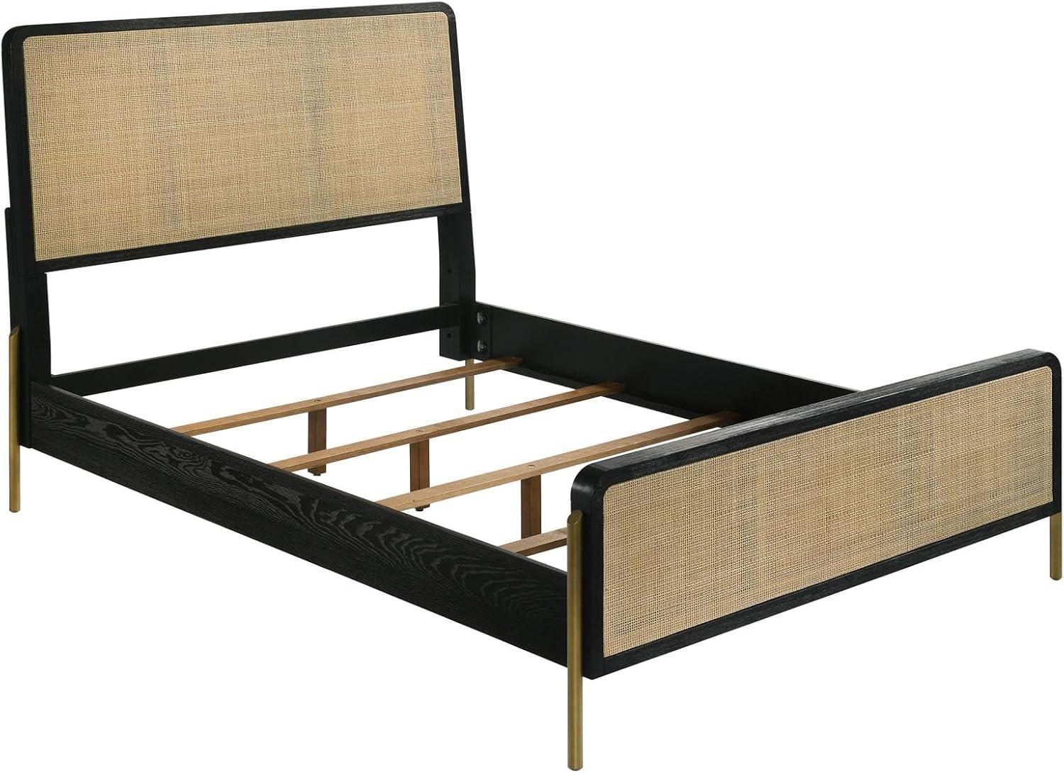 Black and Natural Queen Panel Bed with Woven Rattan Headboard