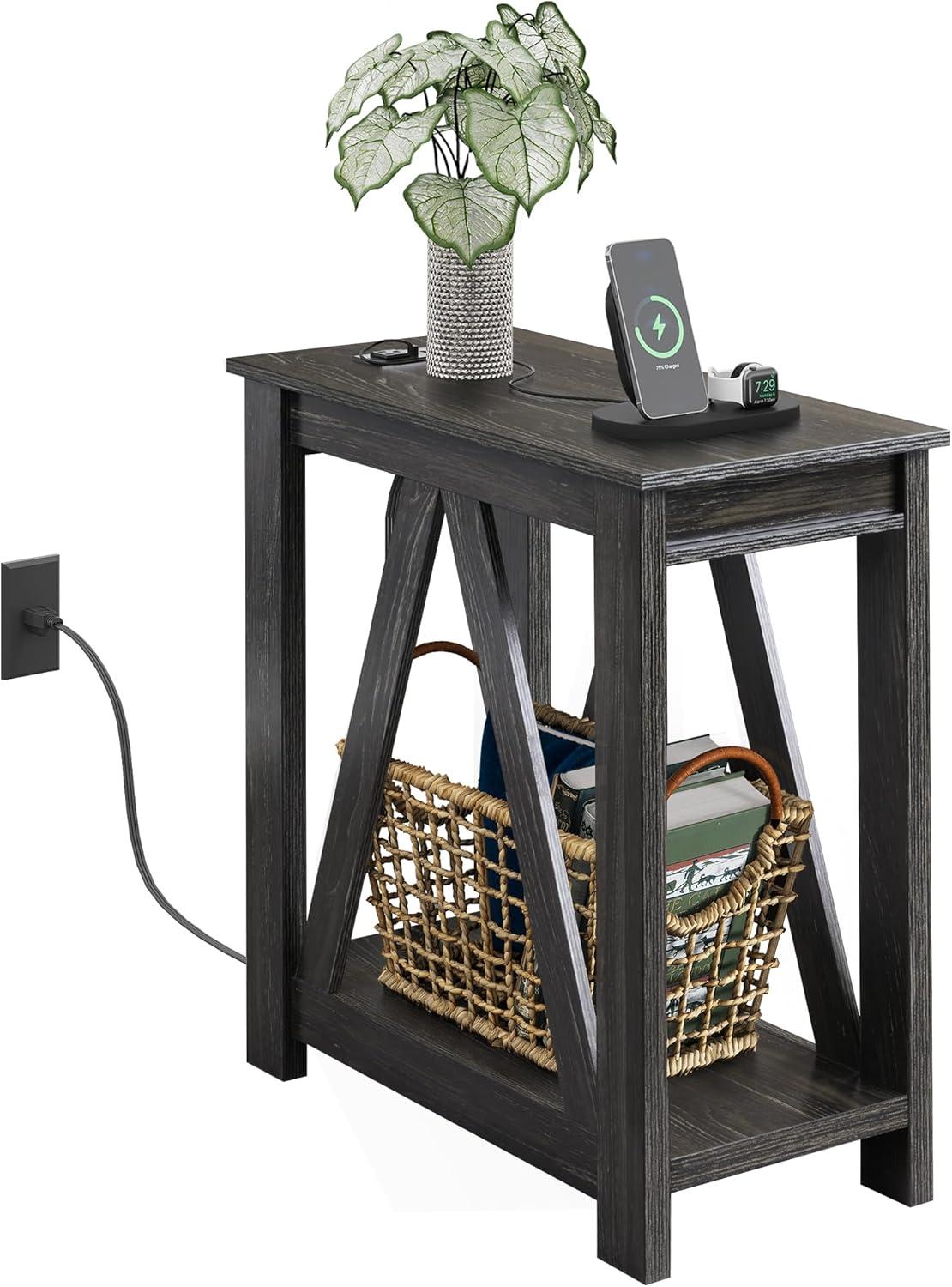 Charcoal Black Wooden End Table with Charging Station and Open Shelf