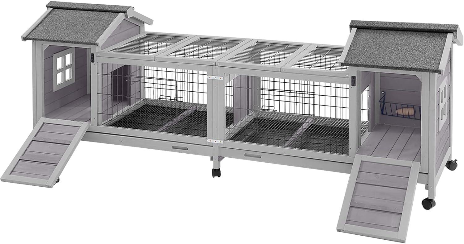 Gray Wooden Indoor/Outdoor Rabbit Hutch with Double House and Run