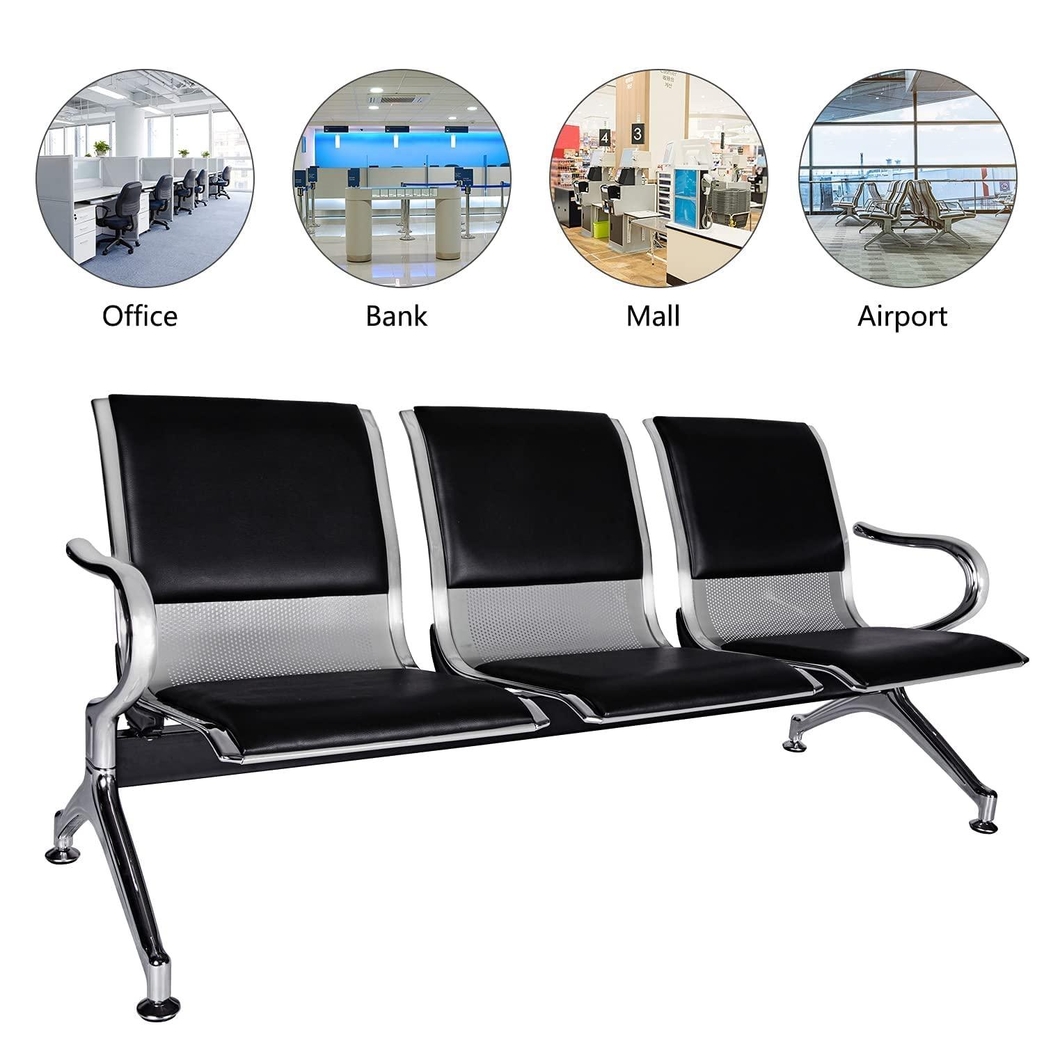 Kinbor Waiting Room Chairs, 3-Seat Reception Chairs Office Guest Waiting Furniture Bench Seating for Airport Bank Hospital, Black