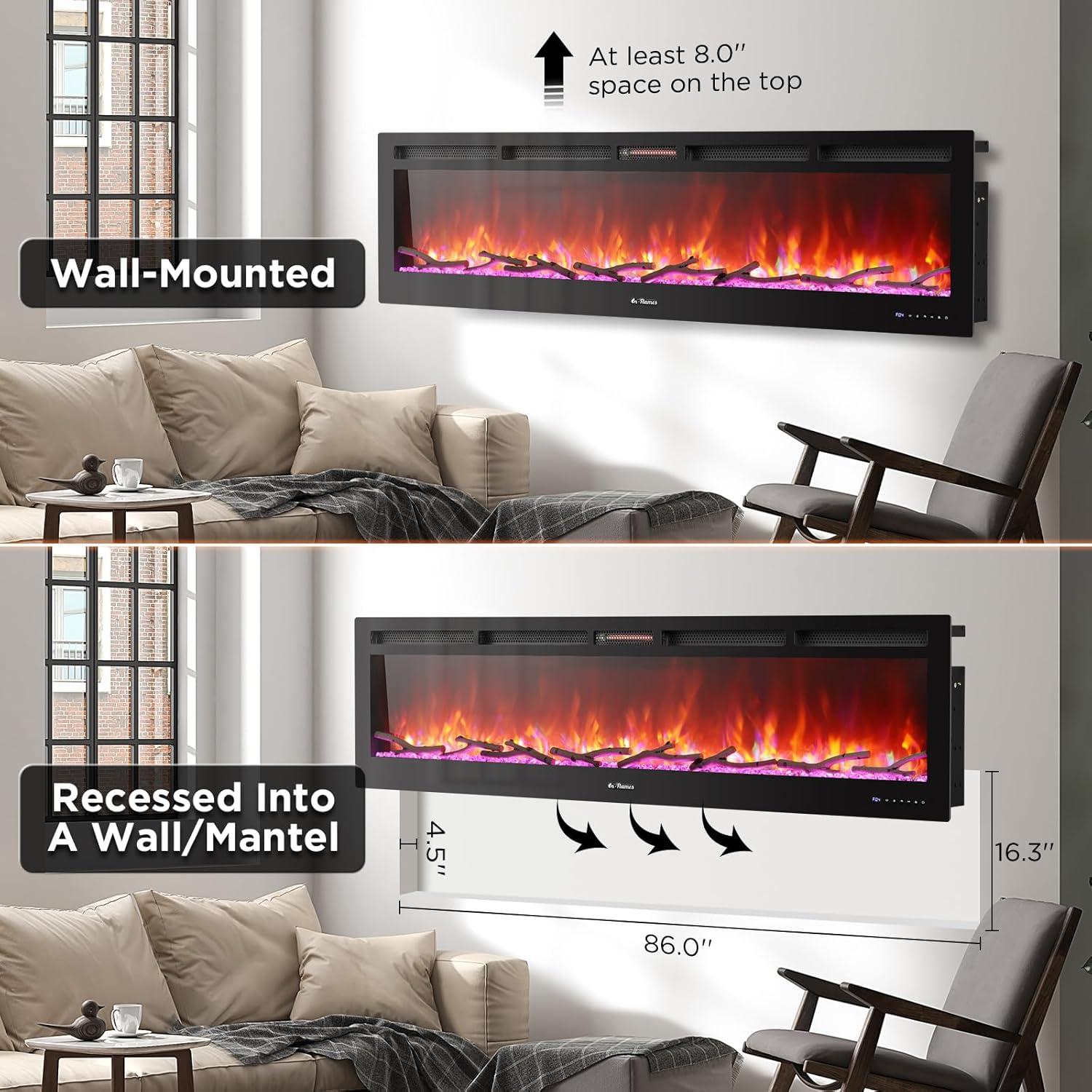 TURBRO 88” Smart WiFi Infrared Electric Fireplace with Sound Crackling and Realistic Flame, 1500W Quartz Heater, Recessed or Wall Mounted, Adjustable Flame Effects, Remote Control and App, in Flames