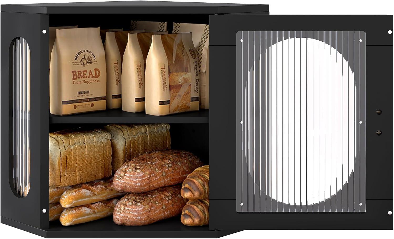 Hokku Designs Corner Bread Storage Container Double Layer Wooden Breadbox Homemade Bread Loaf Bin Farmhouse Coffee Bar Pantry Shelf With Acrylic Window, Black
