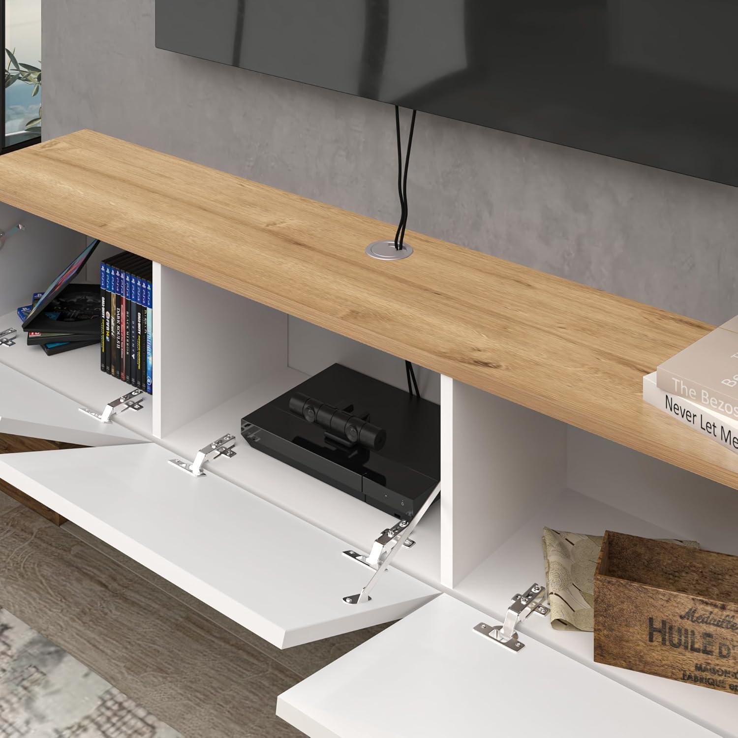 Modern White and Oak Floating TV Stand with Cabinet