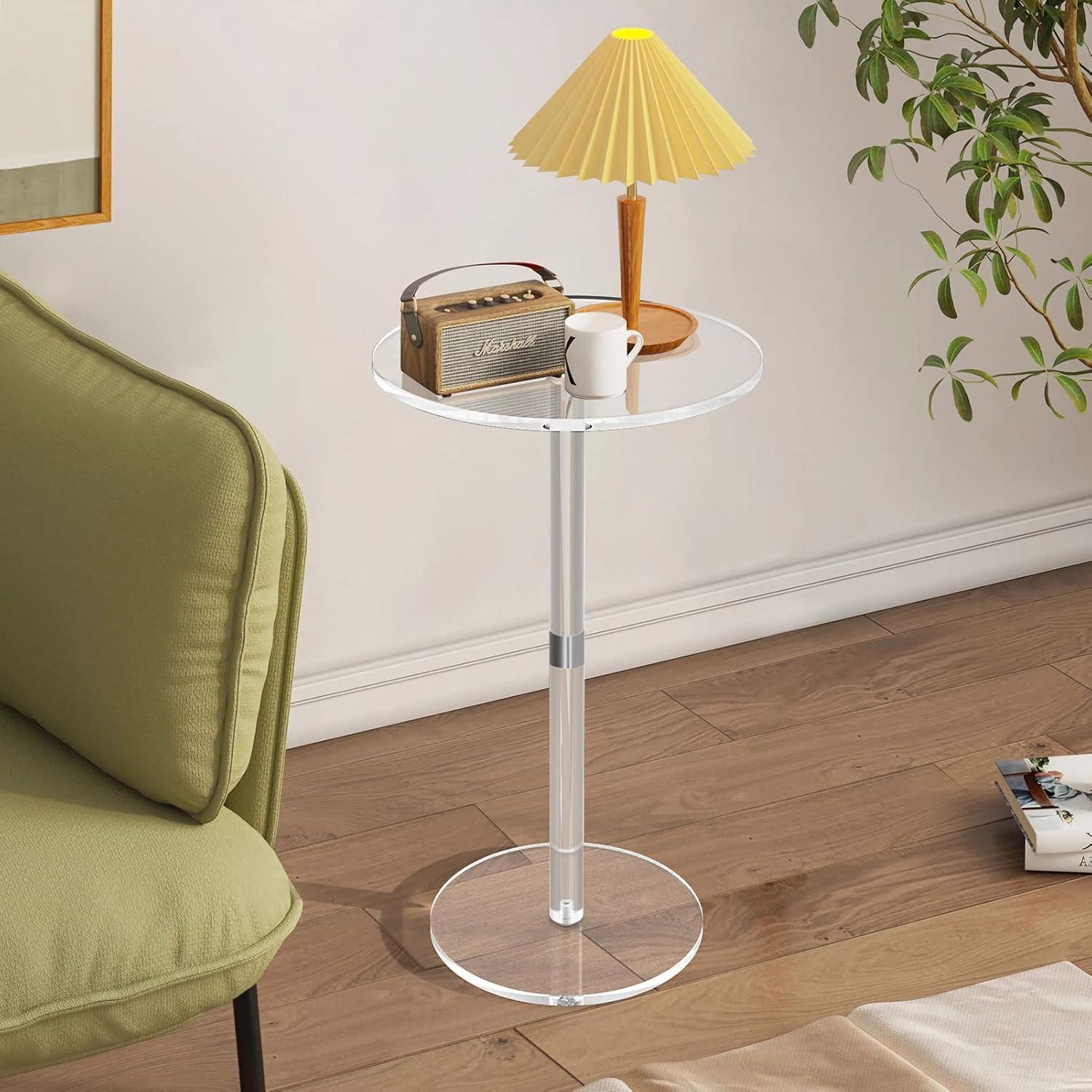 Acrylic End Table, Clear Side Tables for Small Space, 9.8" Round Modern Drink Table for Living Room, Bedroom, Bathroom, Office, Outdoor, Business, Sturdy and Easy to Install