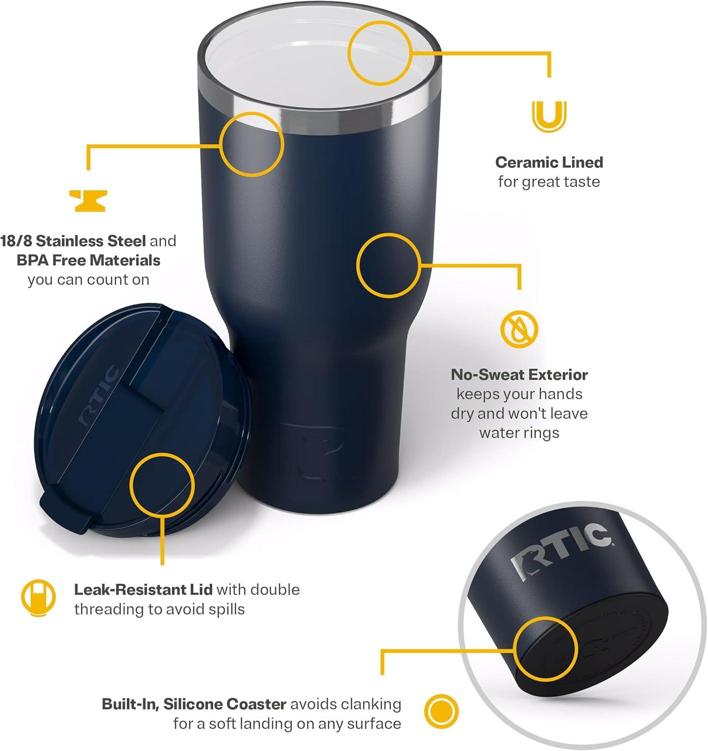 RTIC 40 oz Ceramic Lined Insulated Essential Tumbler, Leak-Resistant Lid, Navy