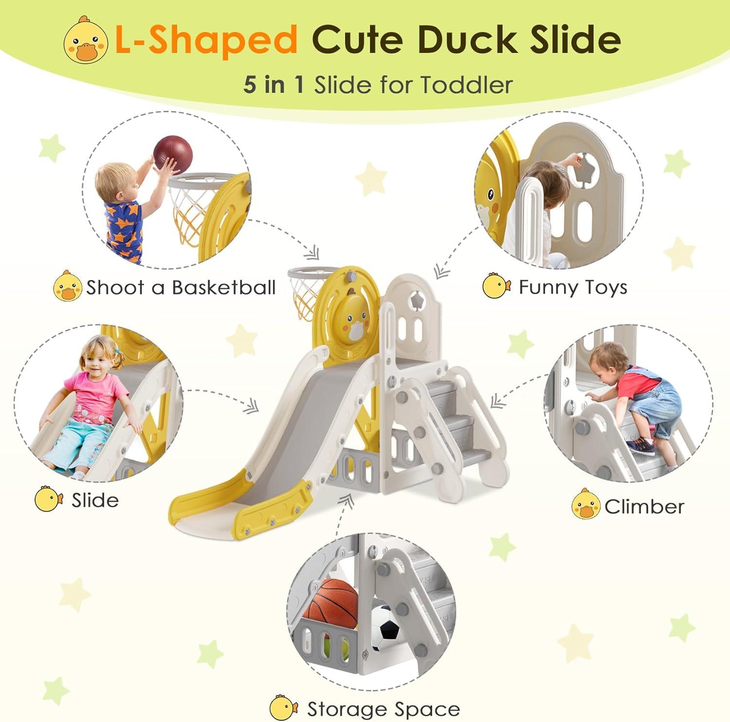 Suteck 5 in 1 Toddler slide, Kids Slide with Climber Outdoor Indoor Slide Cute Duck Theme Playset