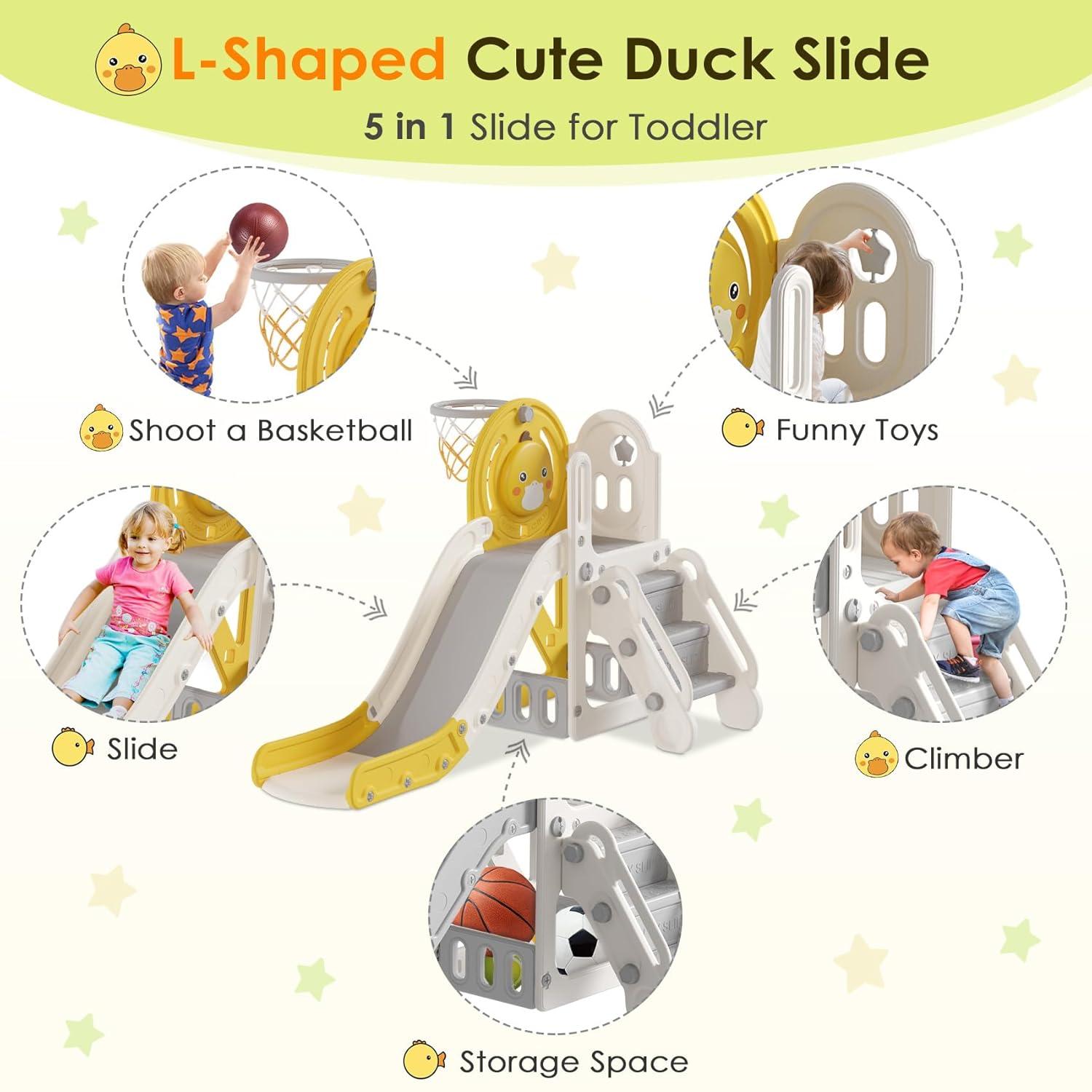 Suteck 5 in 1 Toddler slide, Kids Slide with Climber Outdoor Indoor Slide Cute Duck Theme Playset