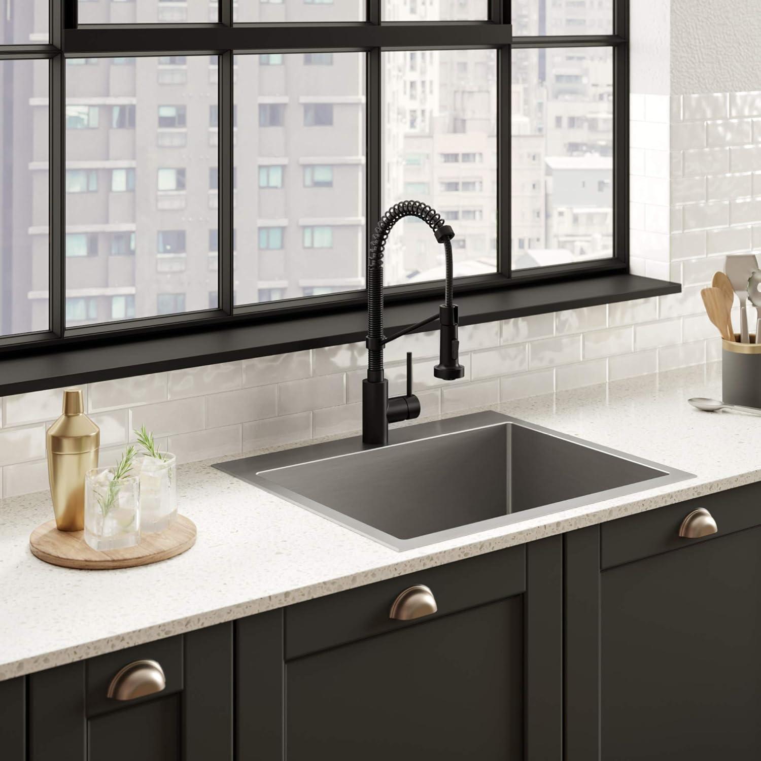 Kraus KHT411-25 Standart Pro Drop-in Topmount 16 Gauge Single Bowl 2-Hole Stainless Steel Set (5 Item Bundle: Sink, Bottom Grid, Assembly, Drain Cap, Kitchen Towel), 25 Inch, Tight Radius