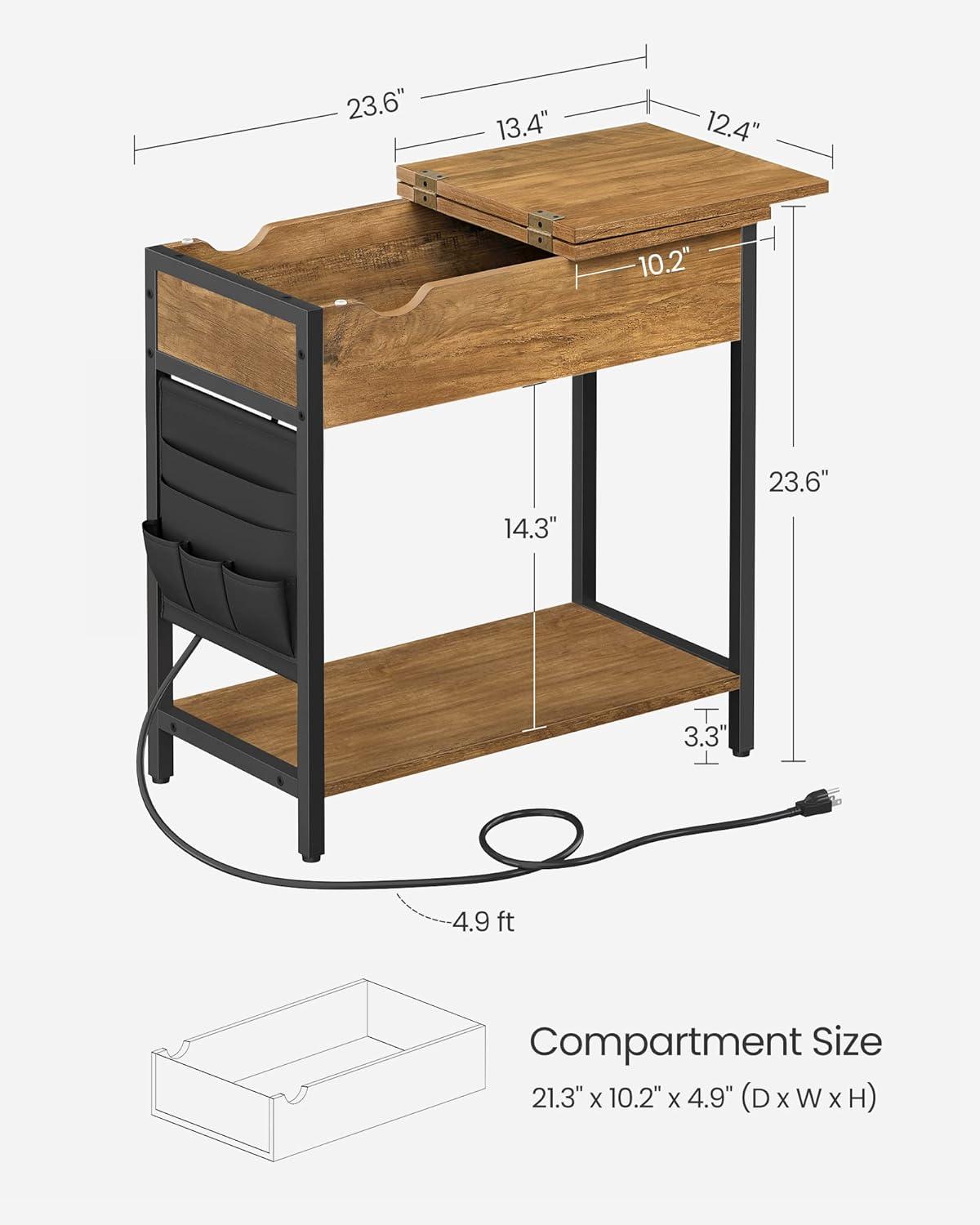 Rustic Walnut and Black Steel Side Table with Storage and Charging Station