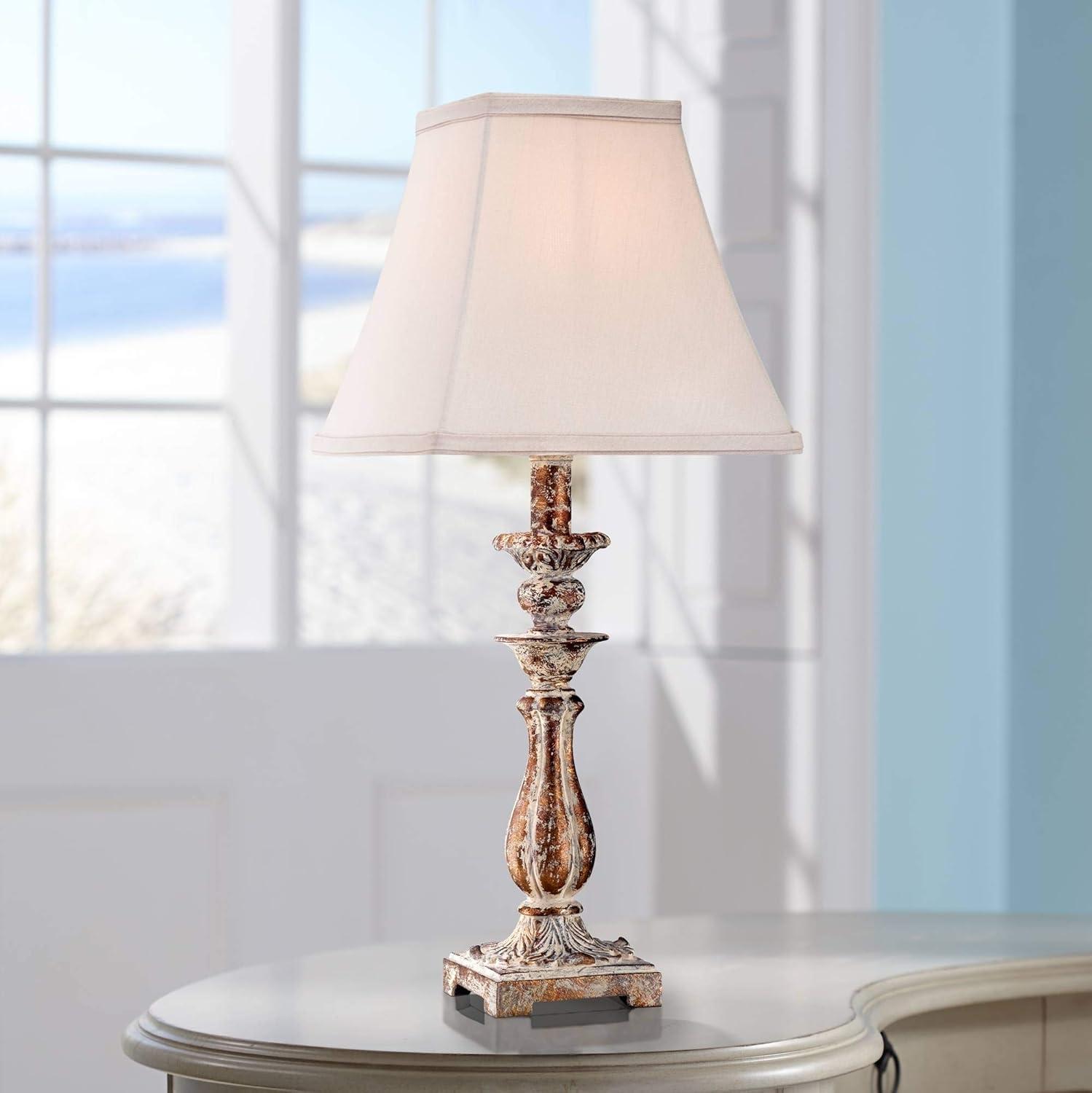 18" Distressed Antique Gold Candlestick Table Lamp with Off-White Shade