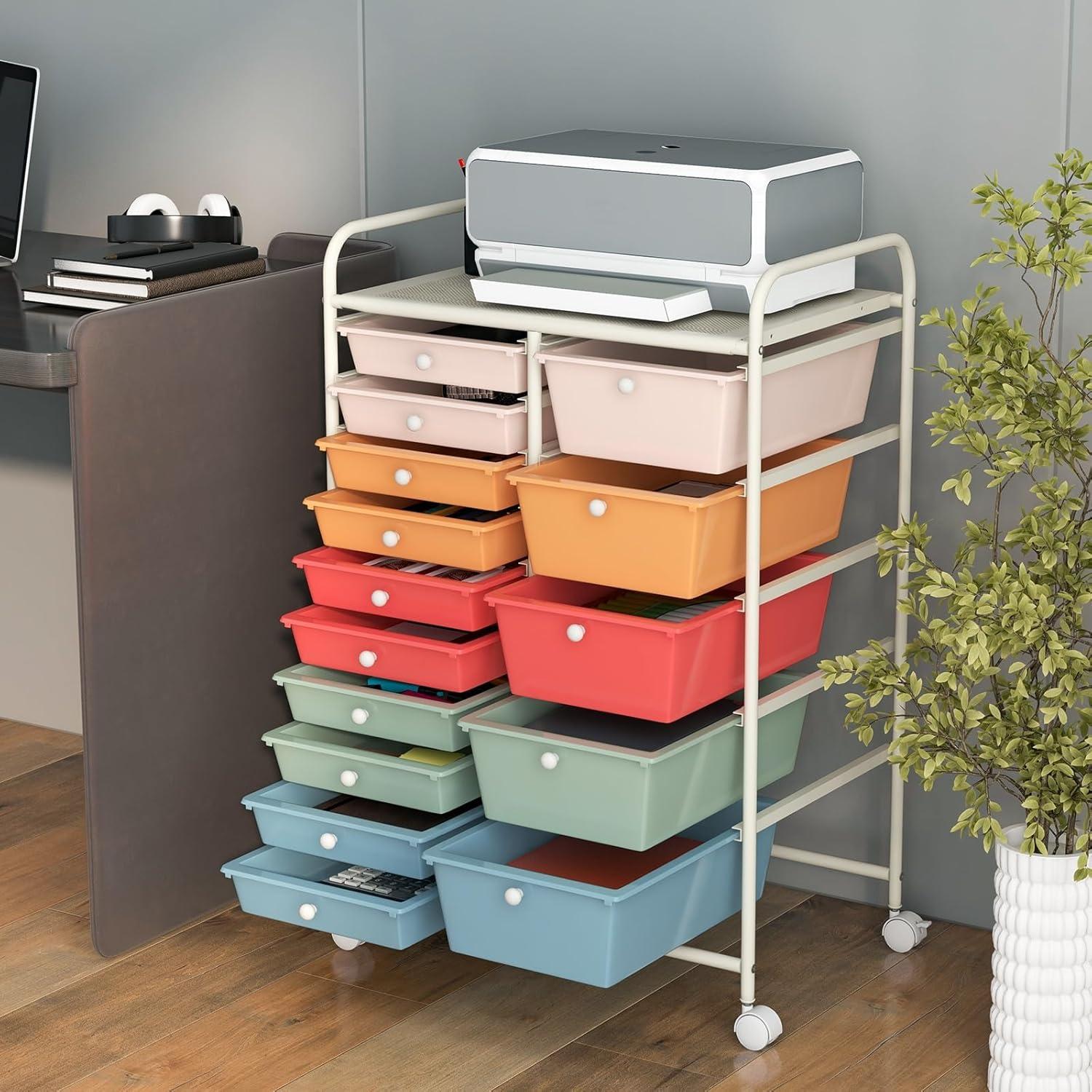 Multicolor 15-Drawer Rolling Storage Cart with Metal Frame