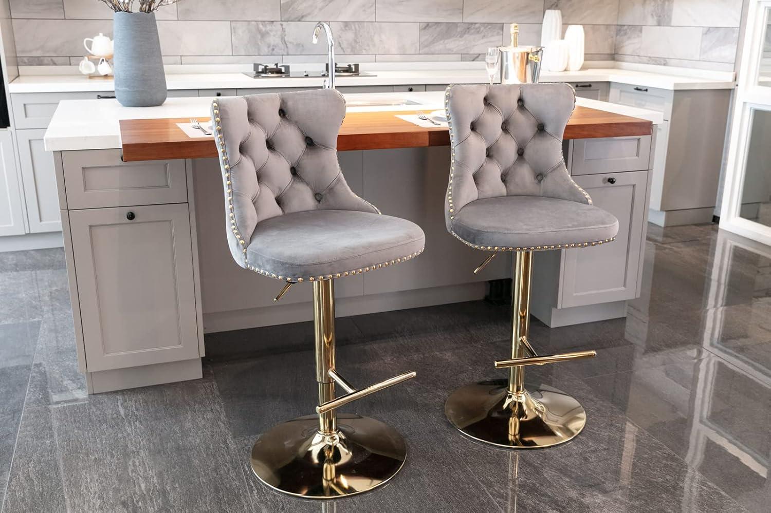 Sesslife Swivel Bar Stools Set of 2, Upholstered Thickened Velvet Fabric High Barstool with Nail Trim, Adjustable Seat Height, Counter Height Bar Chairs with Back & Footrest for Kitchen Island, Gray