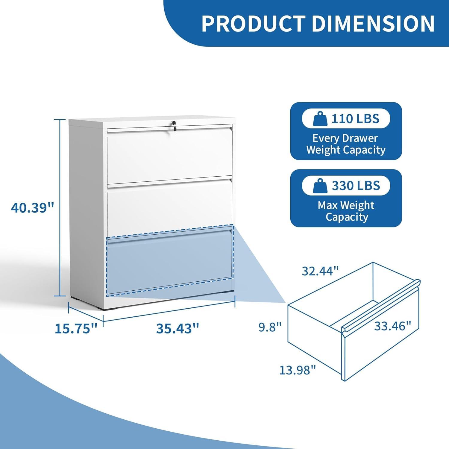 3 Drawer Metal Lateral Filing Cabinet with Lock for Home Office A4/Letter/Legal Size