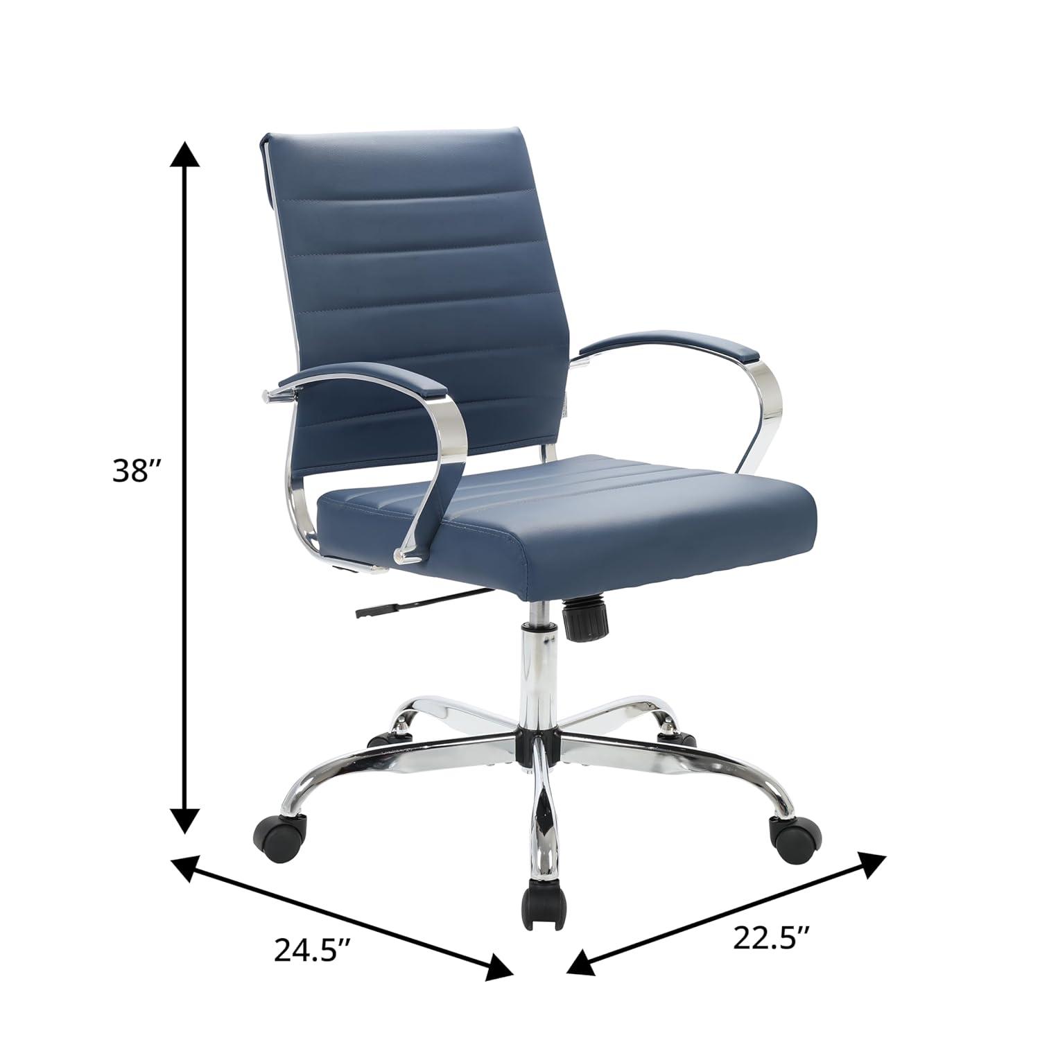 LeisureMod Benmar Mid-Back Office Conference Chair Upholstered in Leather with Swivel and Tilt in Navy Blue