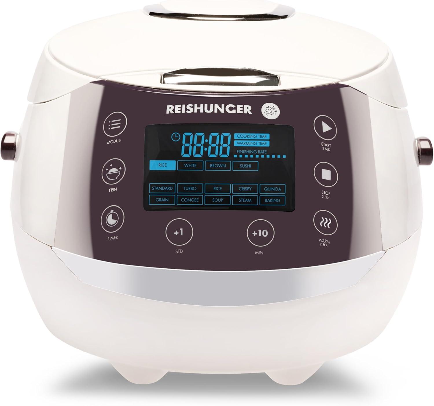 Reishunger Digital Rice Cooker and Steamer, Black, Timer - 8 Cups - Premium Inner Pot, Multi Cooker with 12 Programs & 7-Phase Technology for Brown Rice, Soups, Grains, Oatmeal & more - 1-8 People