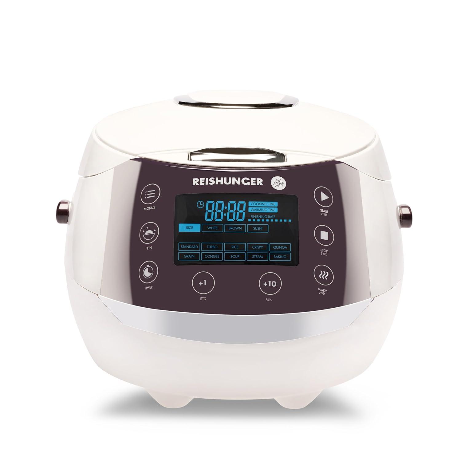 Reishunger Digital Rice Cooker and Steamer, Black, Timer - 8 Cups - Premium Inner Pot, Multi Cooker with 12 Programs & 7-Phase Technology for Brown Rice, Soups, Grains, Oatmeal & more - 1-8 People