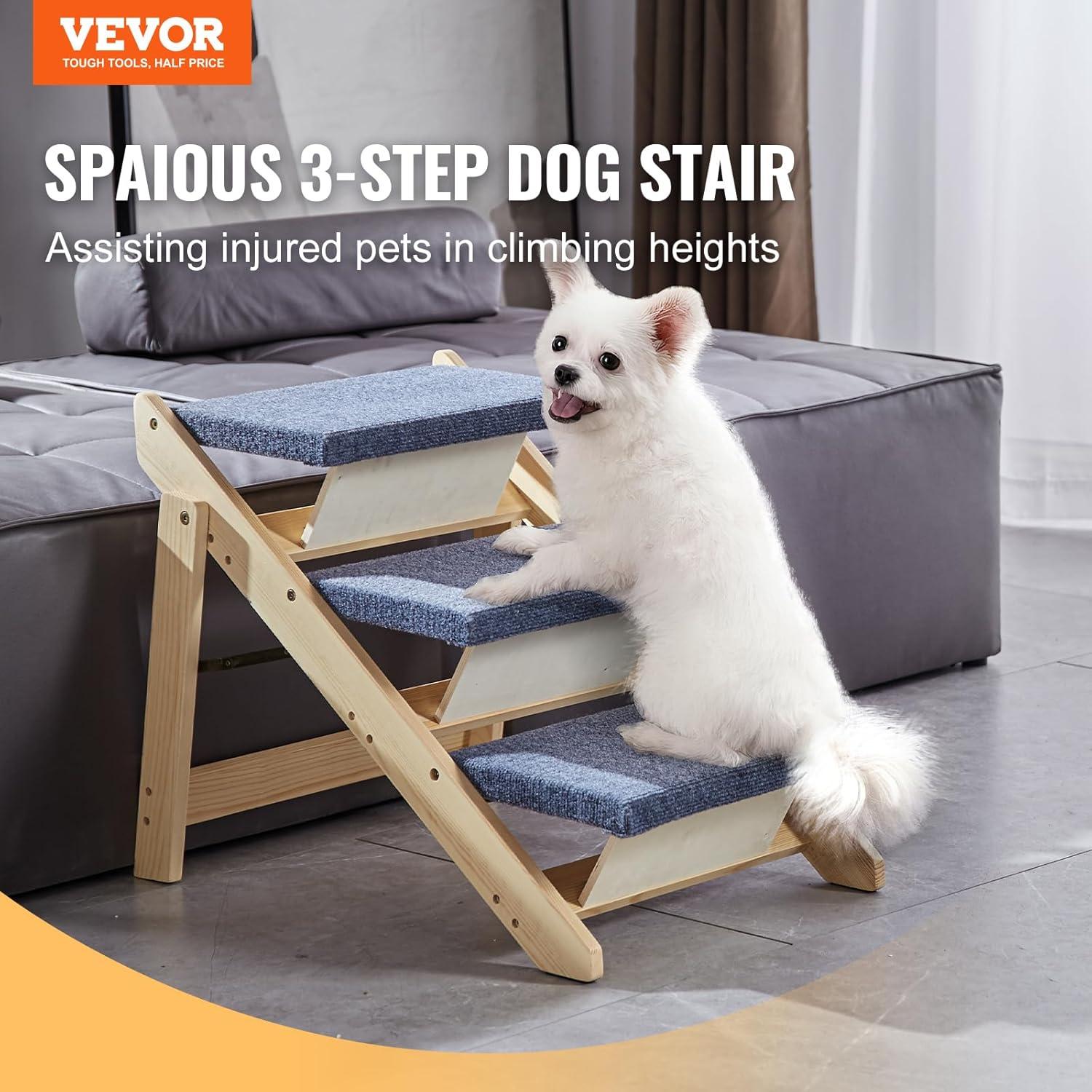 VEVOR Wood Pet Stairs/Pet Steps, 2-in-1 Foldable Wooden Dog Stair for Beds, Sofa and Cars, Dog Stairs  Ramp with 3 Steps for Small Medium Large Pet, up to 150 lbs