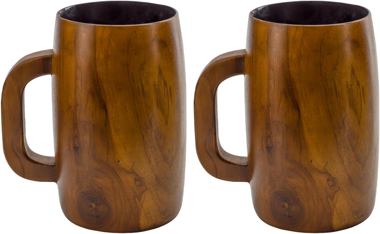 Darware Teak Wood Coffee Mugs, 2pc Set; Wooden Stein Retro 16 Fluid Ounce Cups