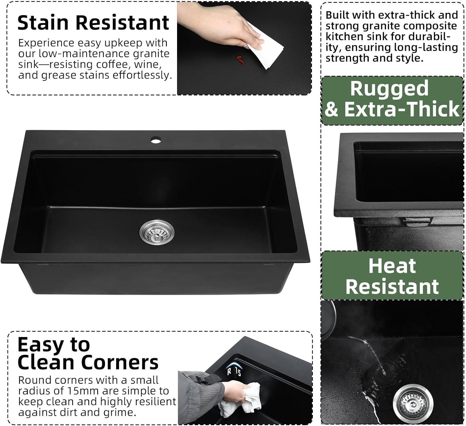 Davivy 33 Inch Black Granite Composite Kitchen Sink Workstation, 33 X 22 Quartz Composite Dual Mount Sink, Matte Black Composite Single Bowl Sink