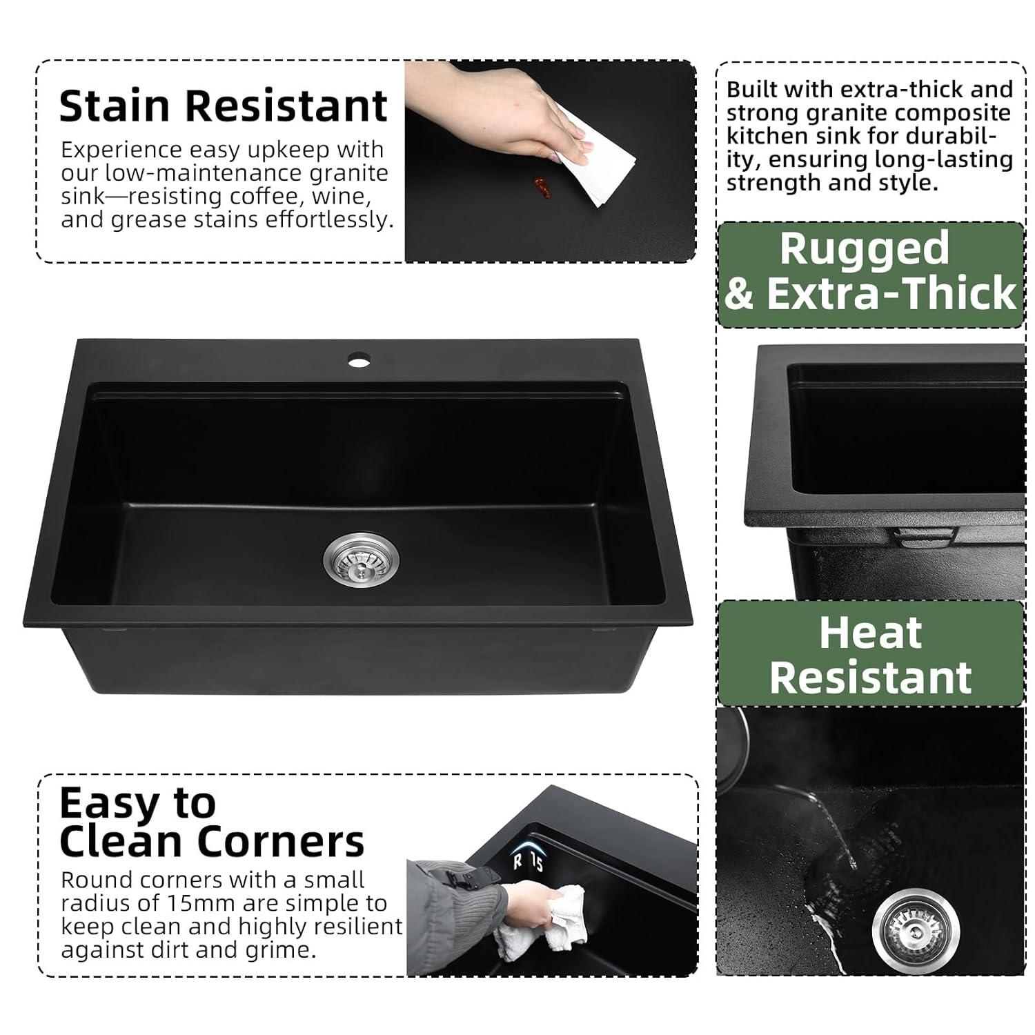 Davivy 33 Inch Black Granite Composite Kitchen Sink Workstation, 33 X 22 Quartz Composite Dual Mount Sink, Matte Black Composite Single Bowl Sink