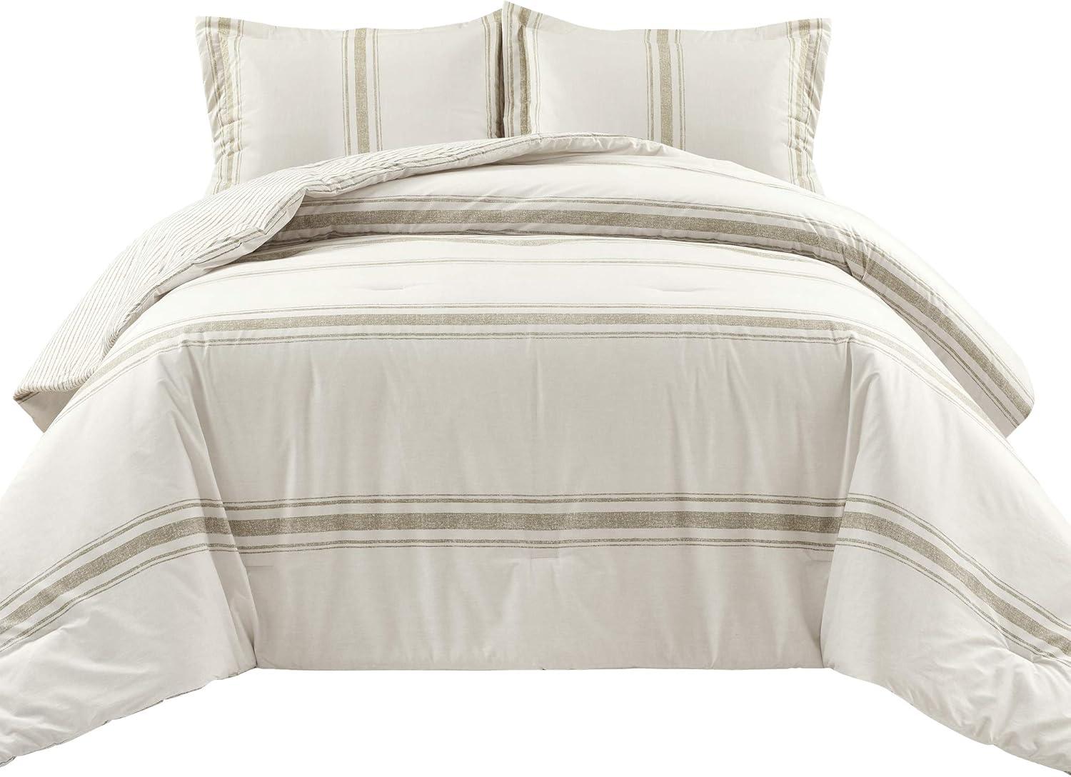 Lush Decor Farmhouse Stripe Cotton Reversible Comforter, Full/Queen, Neutral, 3-Pc Set