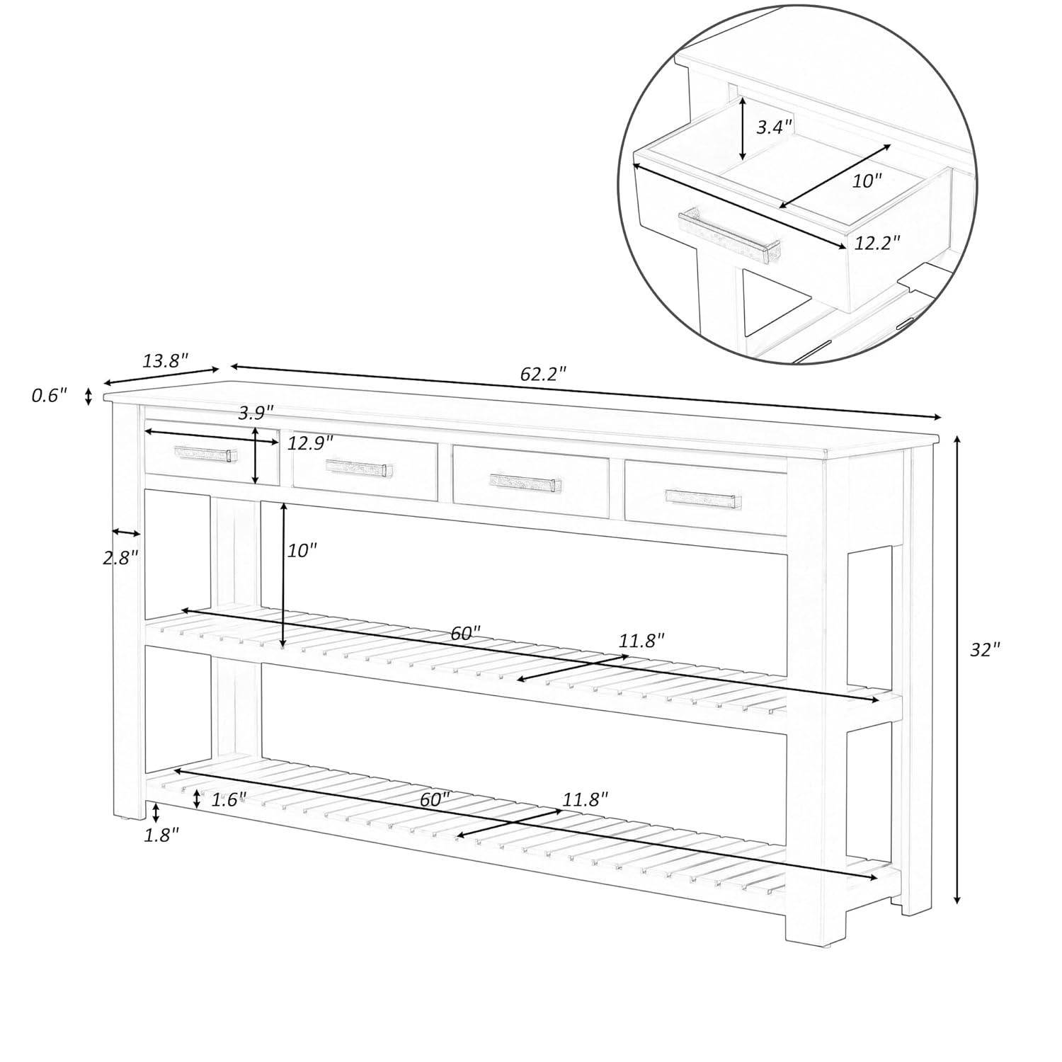 62.2" Stylish Console Table Table with 4 Storage Drawers and 2 Shelves for Entryway Hallway, Black 4M - ModernLuxe