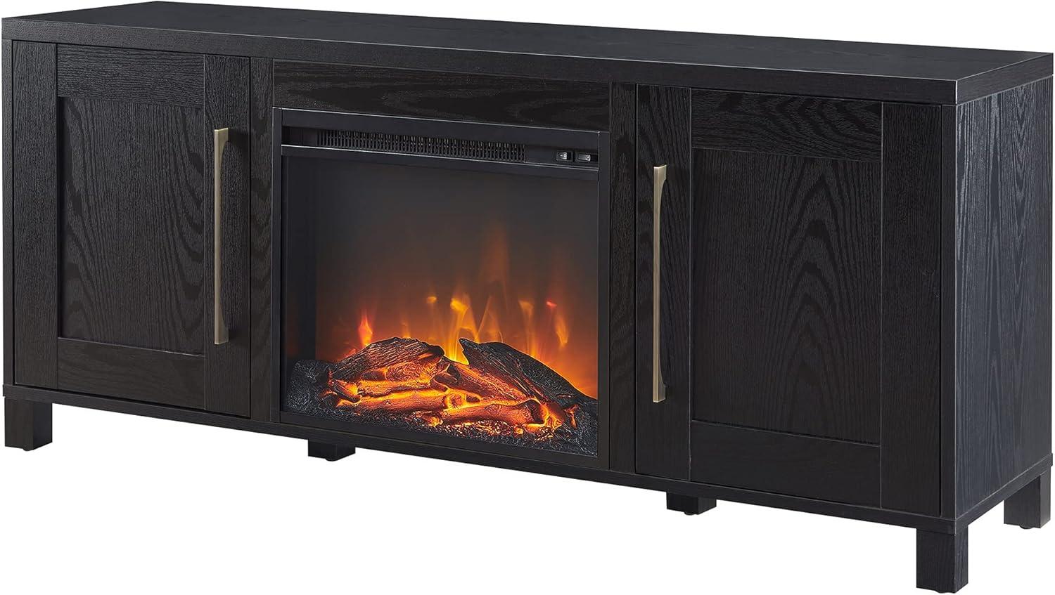 Evelyn&Zoe Chabot Rectangular TV Stand with Log Fireplace for TV's up to 65", Black Grain