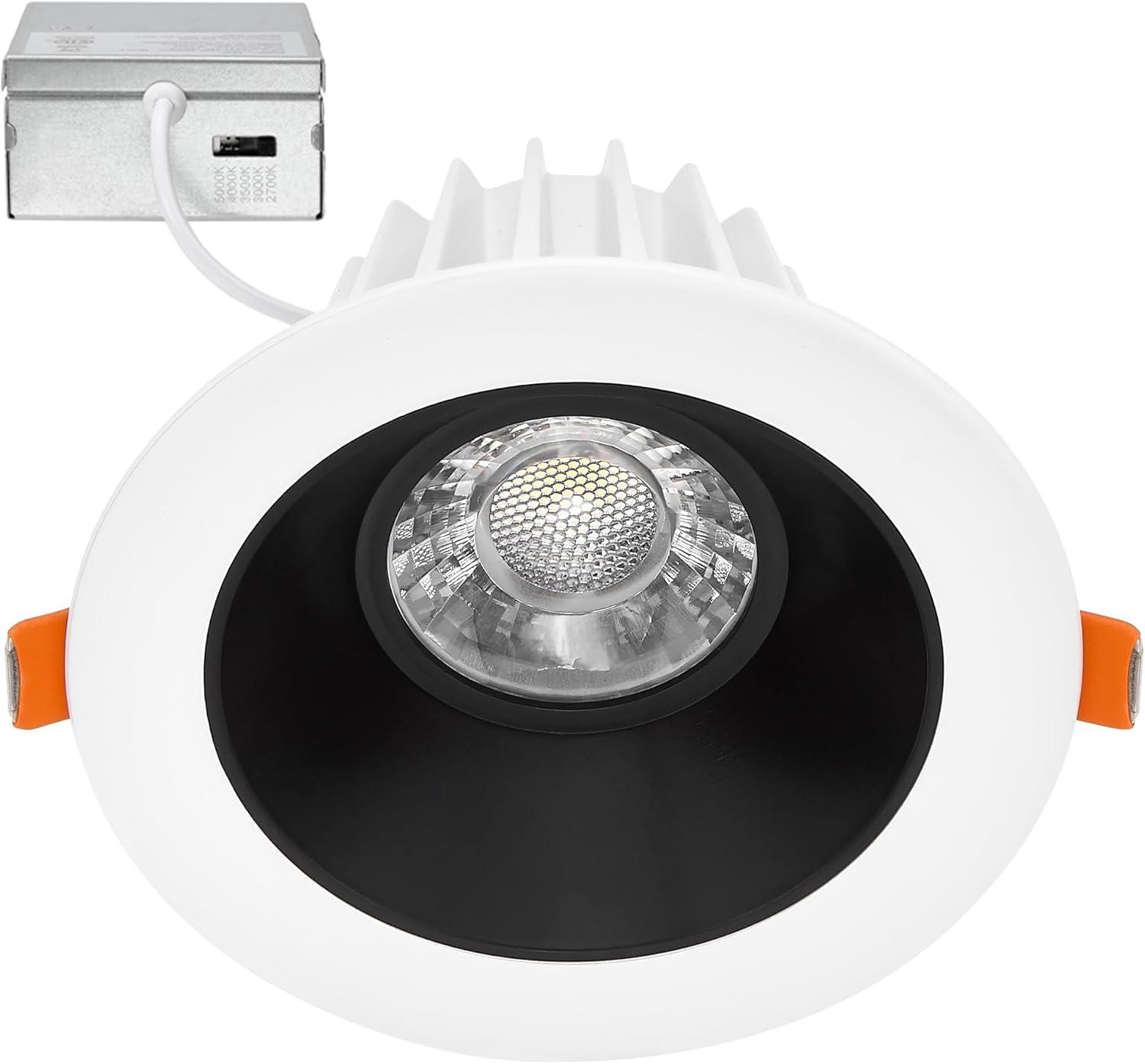 Maxxima 4 in. Slim Round Recessed Anti-Glare LED Downlight, White Trim Black Baffle, Canless IC Rated, 1200 Lumens, 5 CCT 2700K-5000K