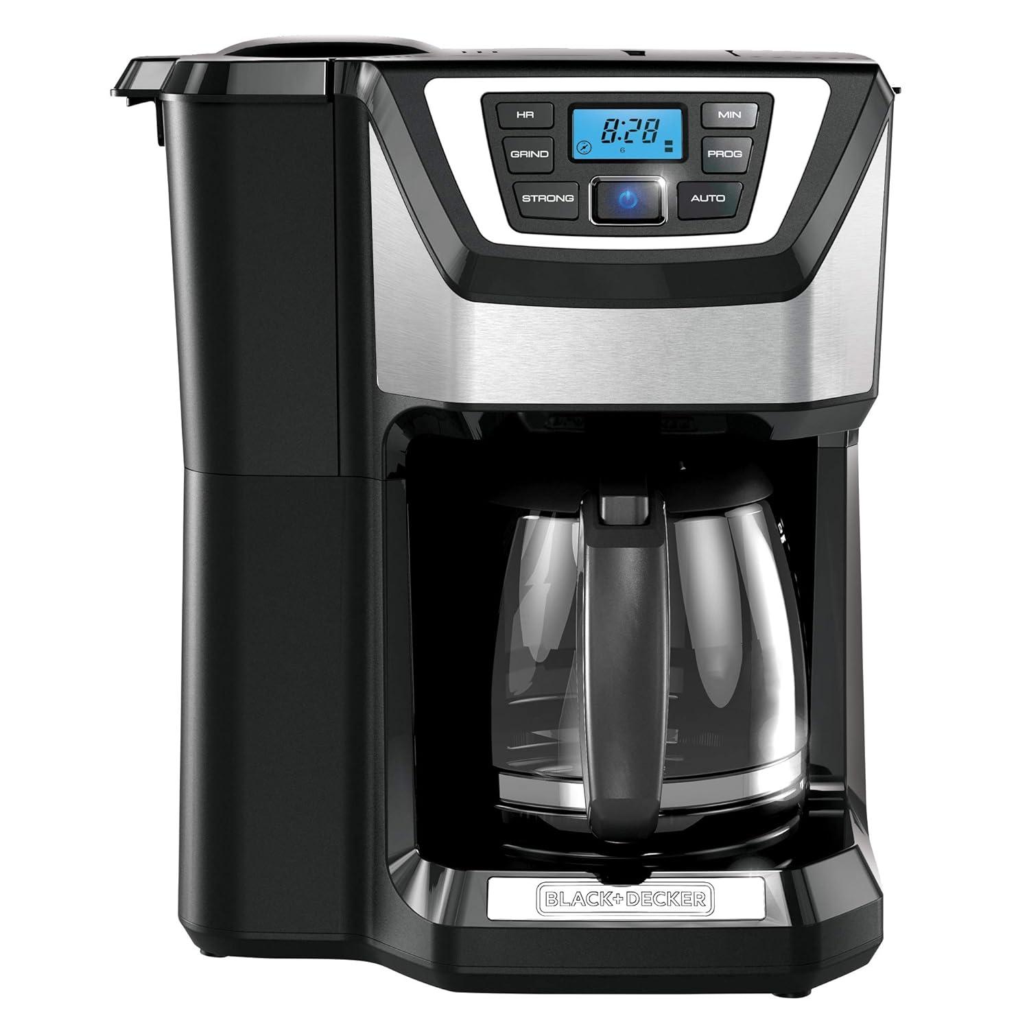 BLACK+DECKER 12-Cup Mill and Brew Coffee Maker, Automatic Grind and Brew Drip Coffee Machine, Programmable, Sneak-A-Cup, Reusable Filter