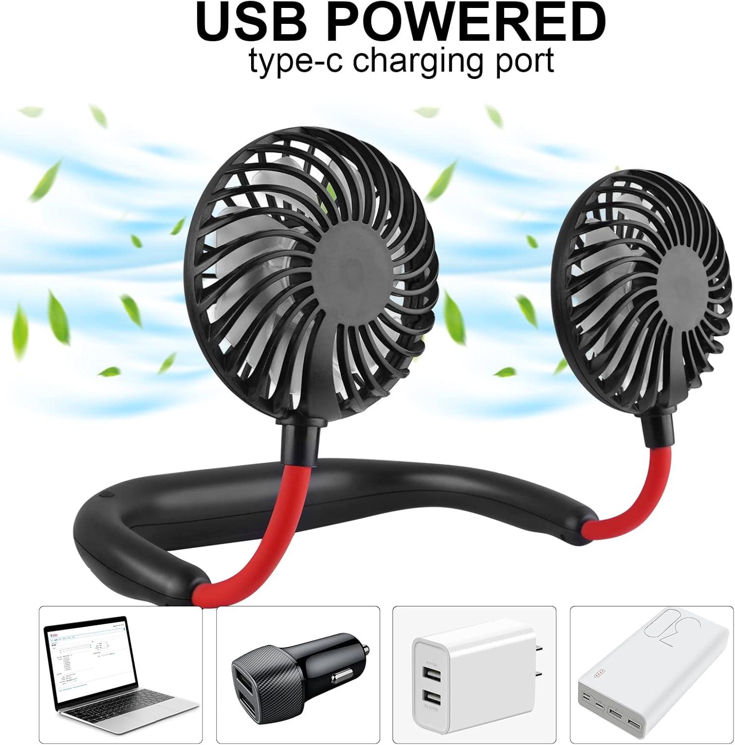 Portable Neck Fan, Hand Free Personal Mini Fans USB Rechargeable,360 Degree Free Rotation for Traveling, Sports, Office, Reading (3 Speed Adjustable, Headphone Design) Wearable Neckband Cooler (Black)