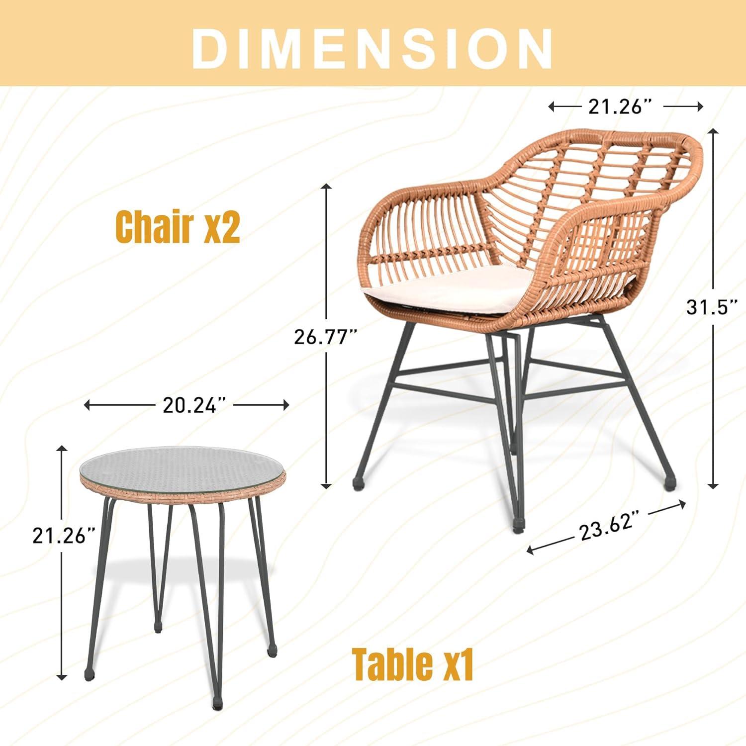 Tappio 3 Piece Outdoor Wicker Furniture Patio Bistro Set, PE Rattan Patio Chairs Set w/Table & Cushions, Modern Outdoor Patio Furniture for Porch Poolside Garden, Beige