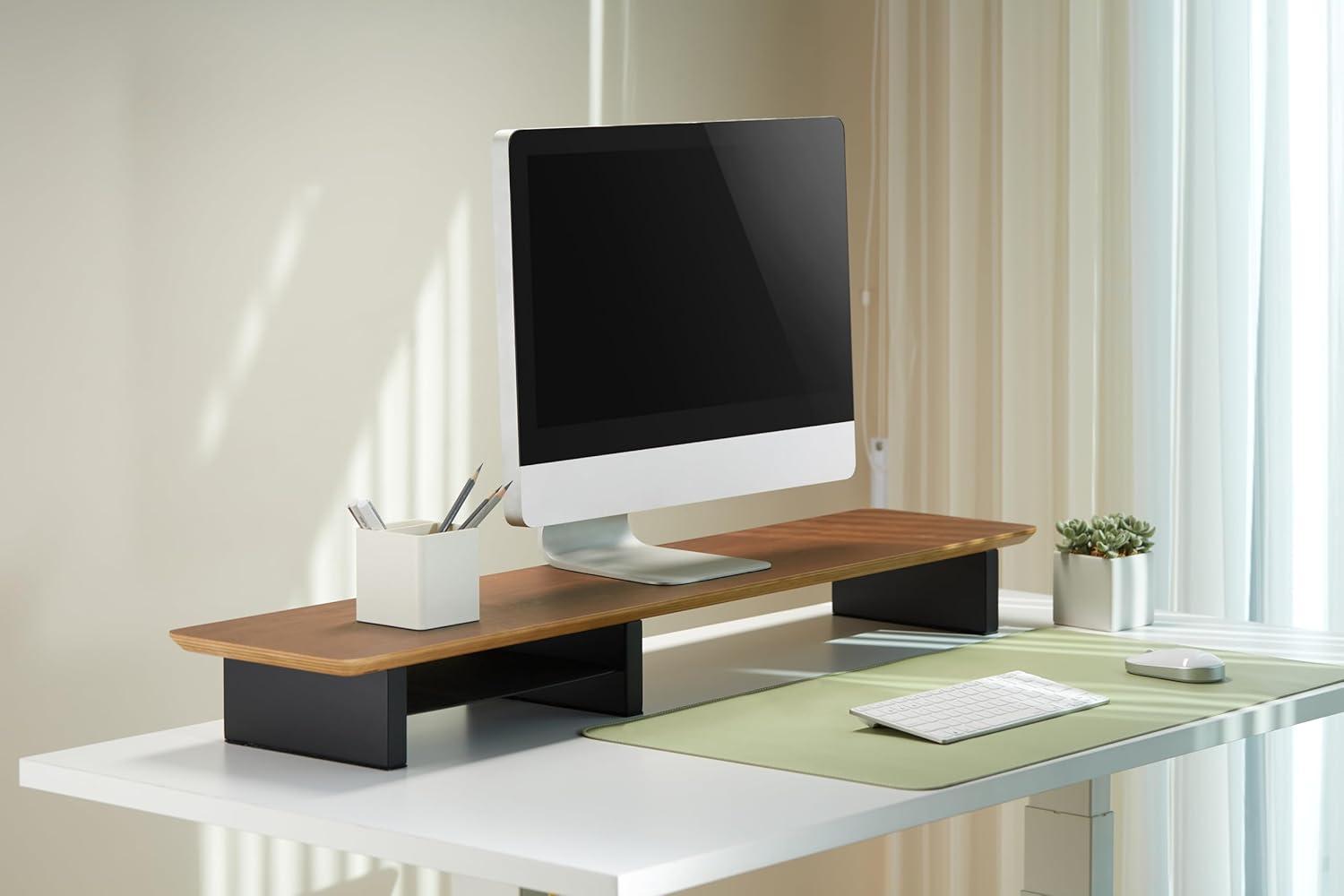 Walnut Monitor Stand for Desk (44 Inch) Large Monitor Stands for 2 Monitors, Desk Shelf for Top of Desk Walnut Monitor Shelf