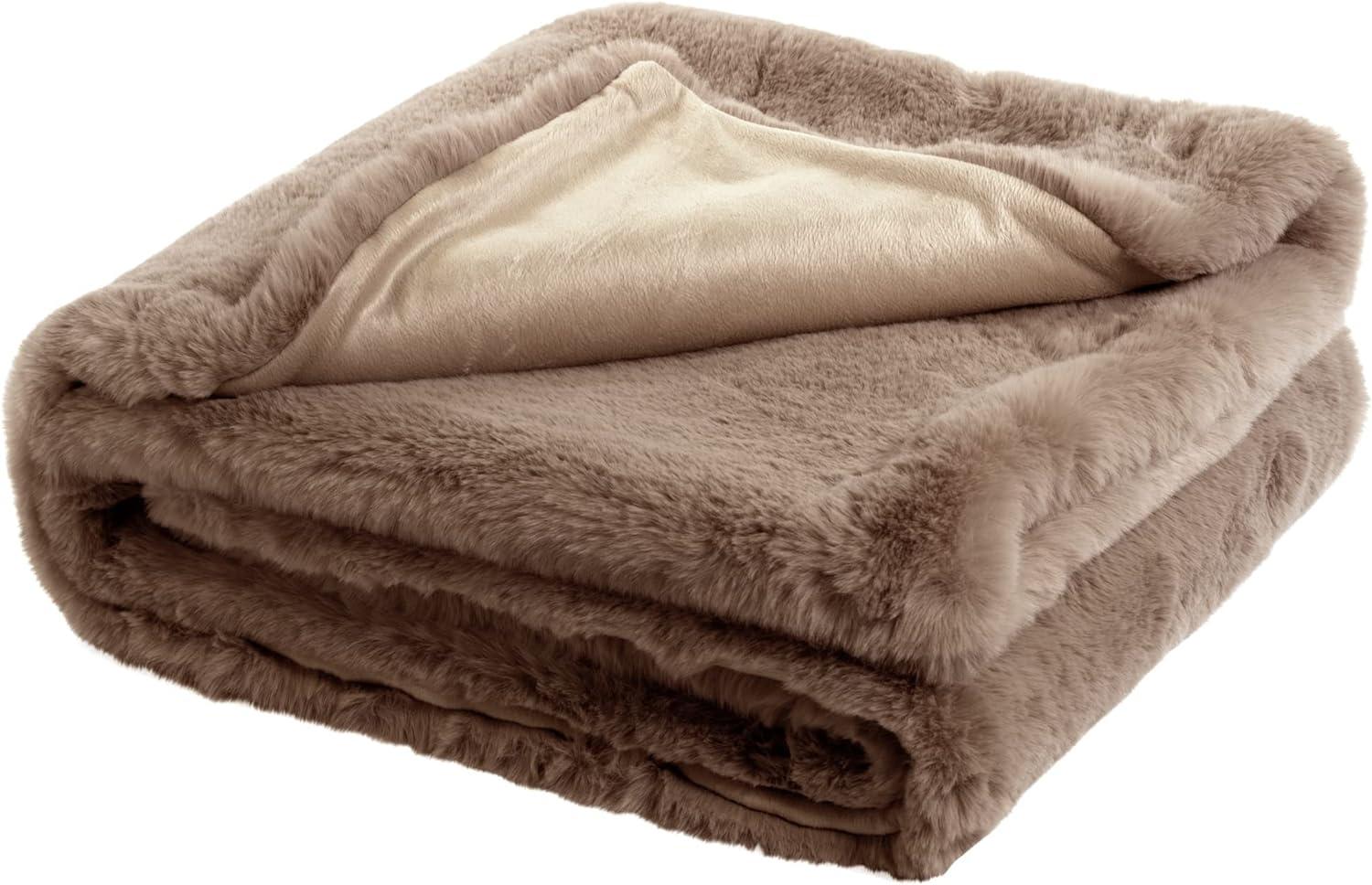 Light Brown Faux Rabbit Fur Reversible Throw Blanket