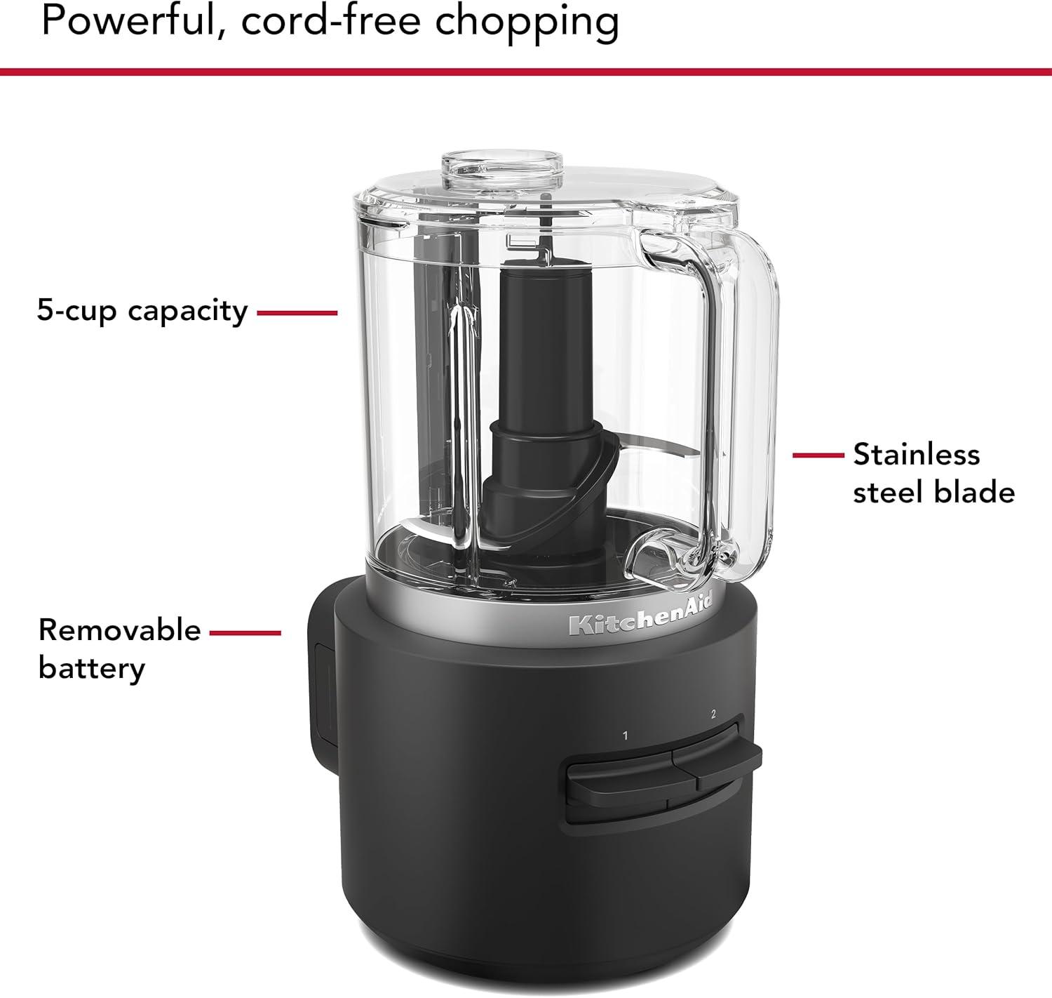 KitchenAid Go Cordless Food Chopper battery included KFCR531: 5-Cup Capacity, Stainless Steel Blades, 2 Speeds, Dishwasher-Safe