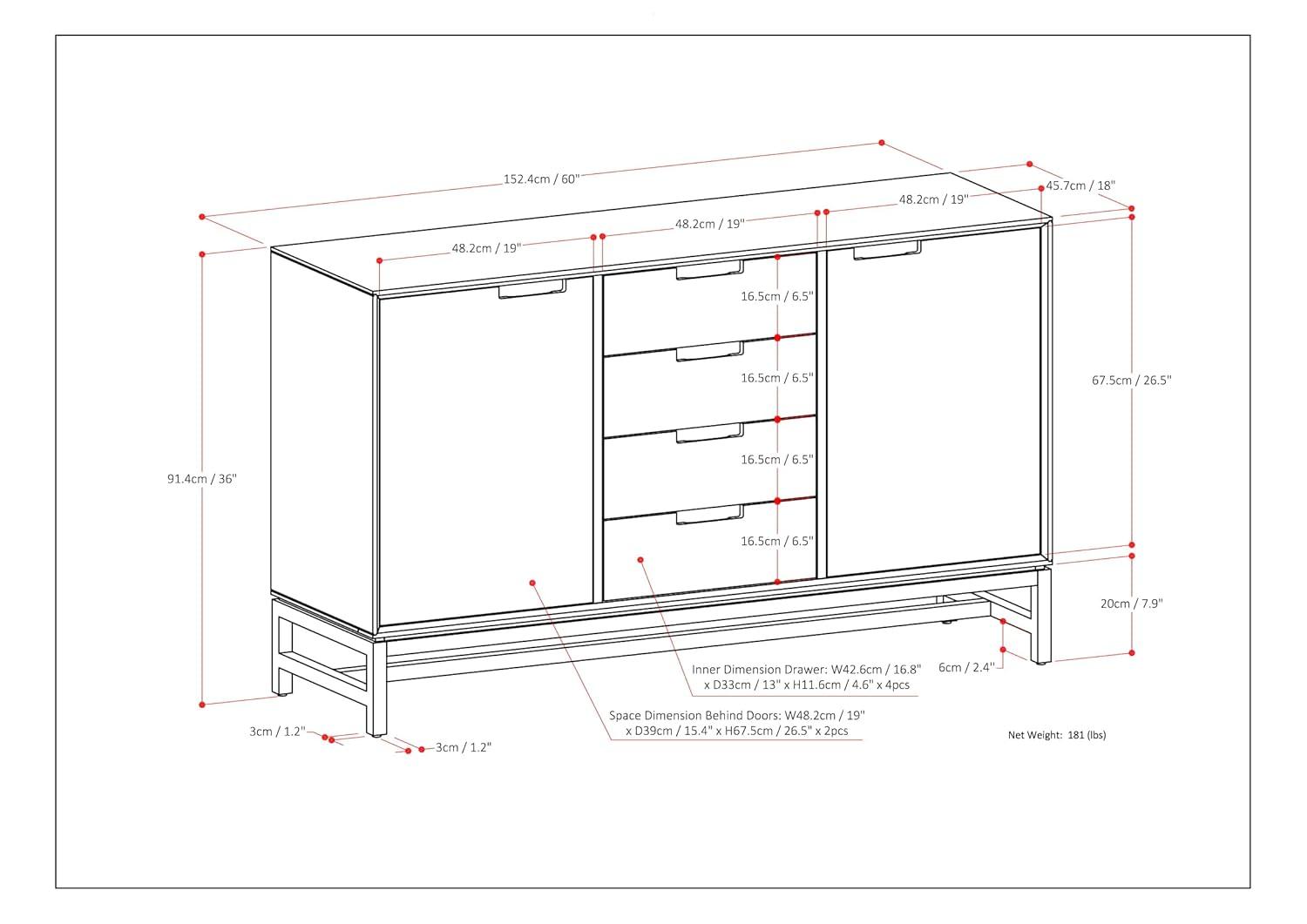 Simpli Home Banting 60"W Solid Wood Industrial 2-Door Sideboard Buffet with 4 Center Drawers