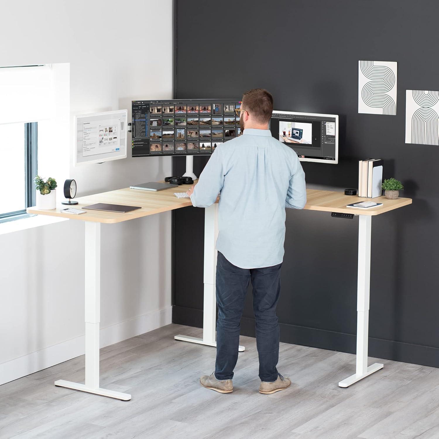 Light Wood and White L-Shaped Electric Adjustable Standing Desk