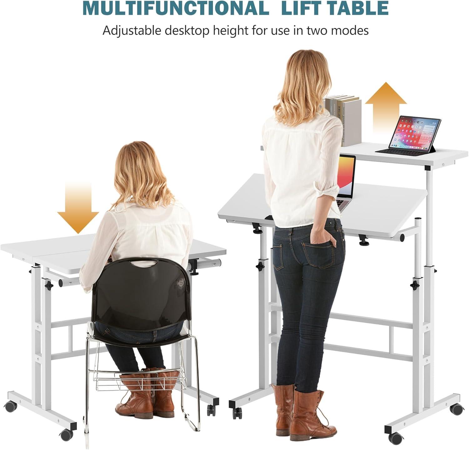 QuellQuest Adjustable Laptop Desk with Wheels Home Office Workstation Rolling White Table Laptop Cart for Standing or Sitting