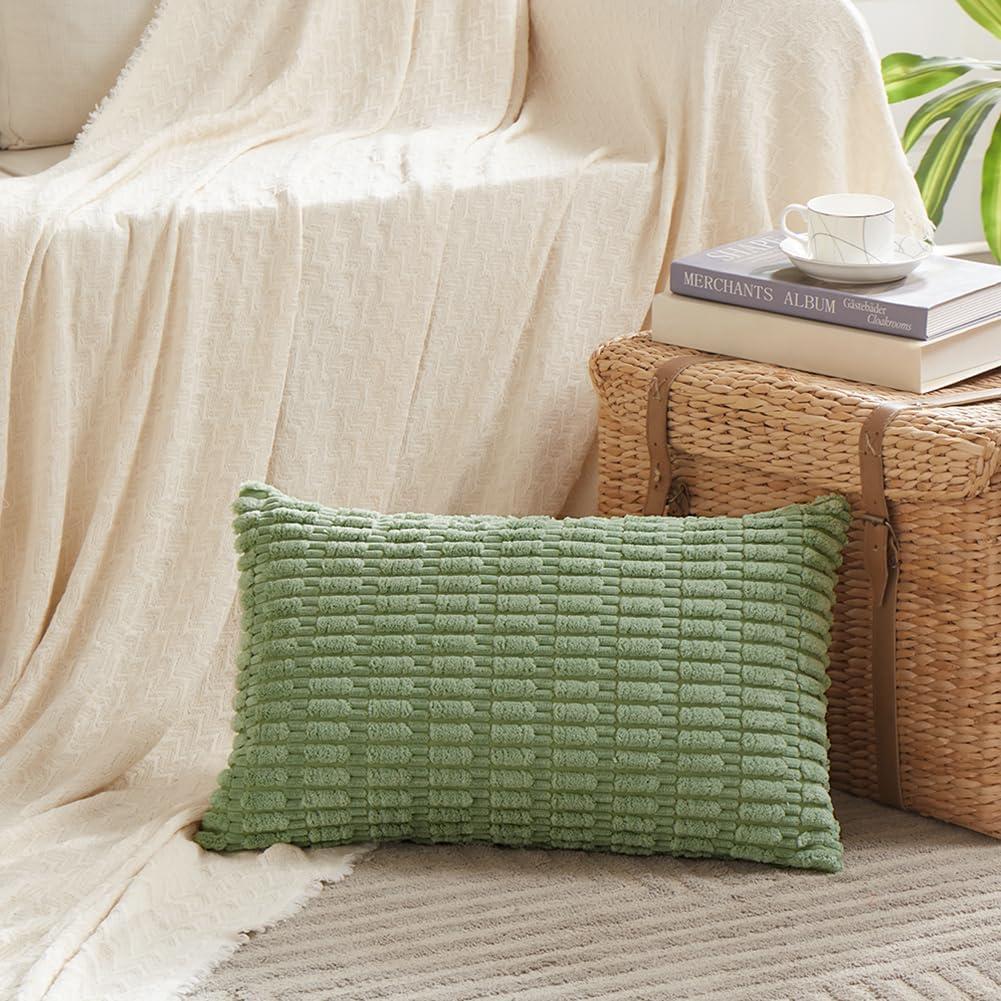 Boho Sage Green Striped Corduroy Pillow Covers - Set of 2 | Farmhouse Rectangle Cushion Cases for Sofa Couch Bed | Soft Decorative Throw Pillowcases - 12x20 Inch Home Decor