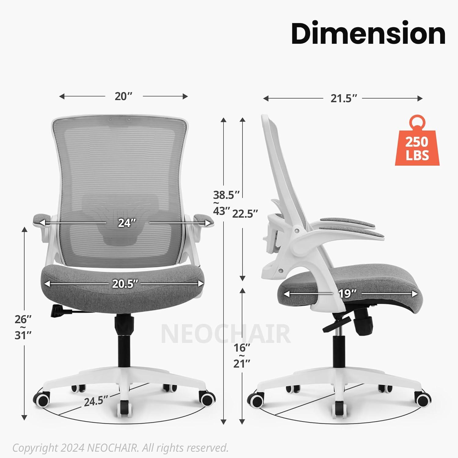 Neo Chair Ergonomic High Back Office Chair with Flip-up Arms Adjustable Lumbar Support, Gray