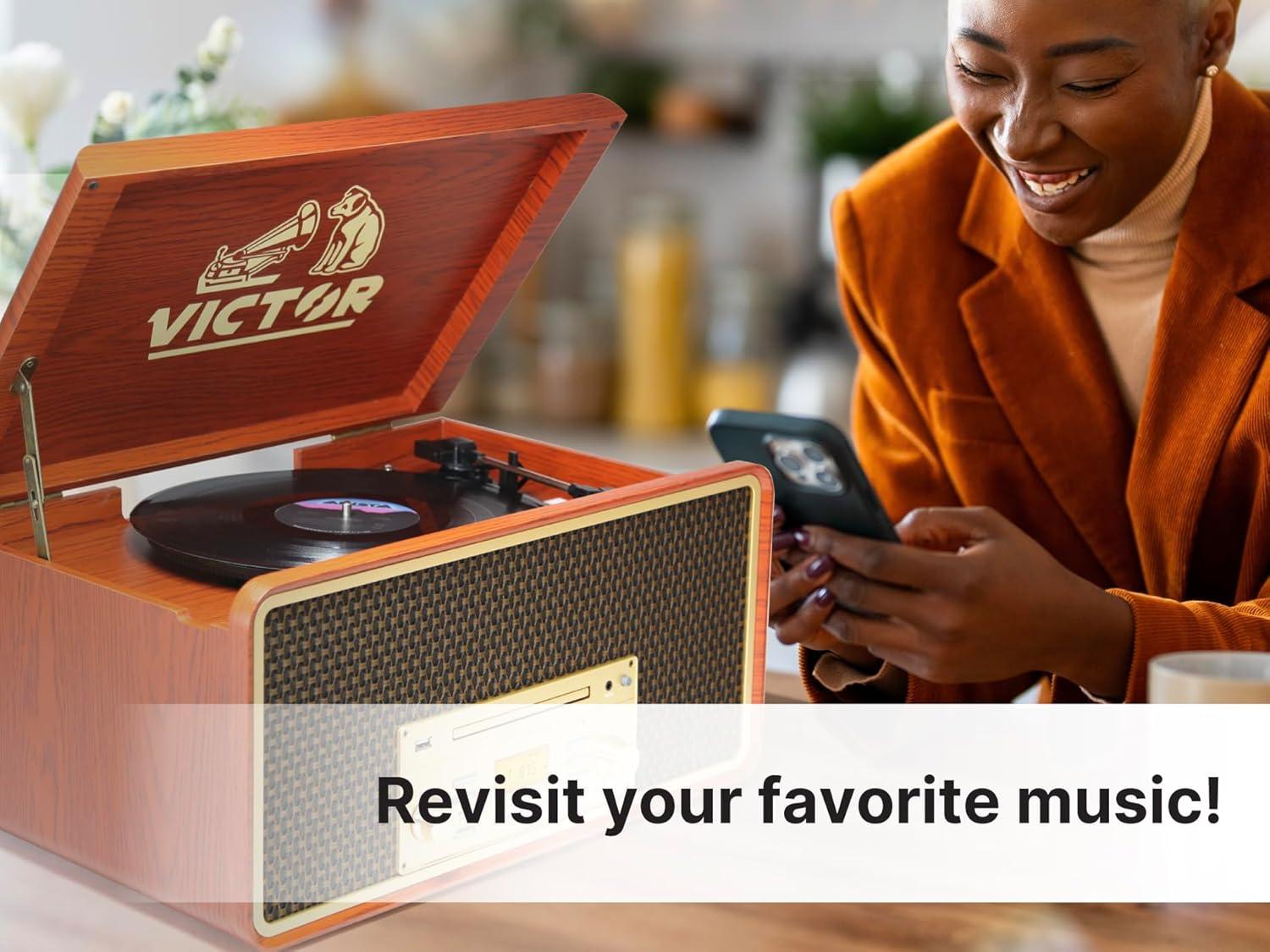 Victor 8-in-1 Wood Music Center with Bluetooth Vinyl Record Player