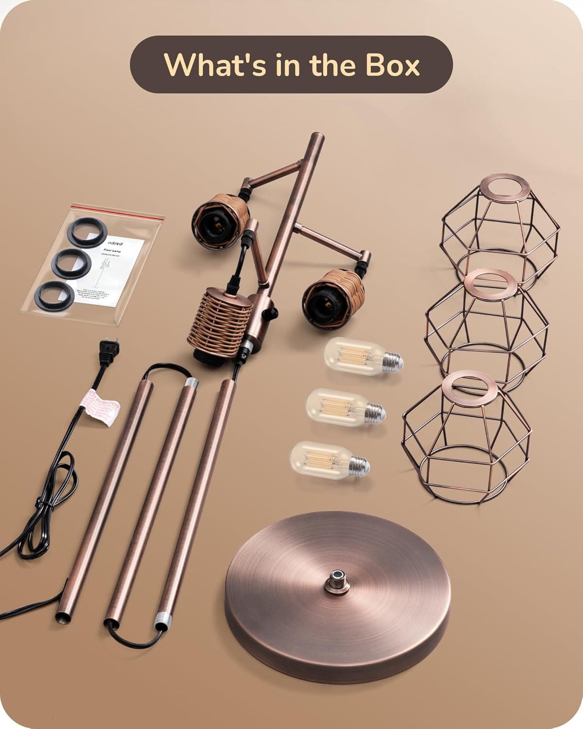 EDISHINE Dimmable Rustic Floor Lamp, Farmhouse Standing Lamp with 3 LED Edison Bulbs, Rattan Design Floor Lamps for Living Room, Bedroom, Reading Corner, Office, Electroplated Brushed Red Copper