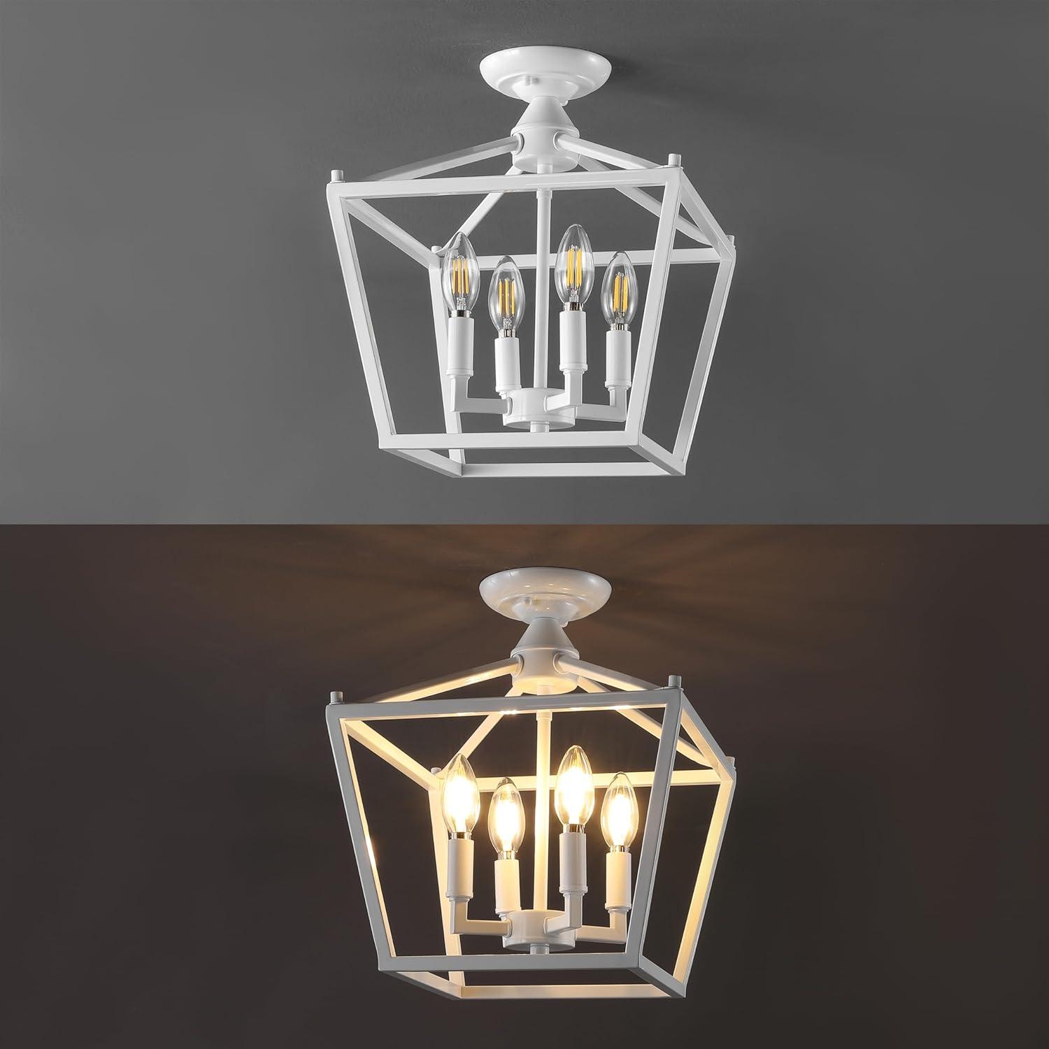 Plains Mini Lantern 12 in. 4-Light Iron Modern Farmhouse LED Flush Mount, White