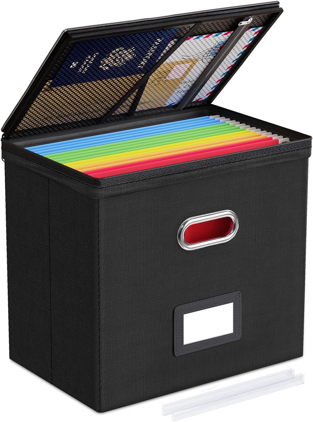 Gijjgole Collapsible Faux Leather Hanging File Folder Box Organizer with lid and Plastic Slides, Black