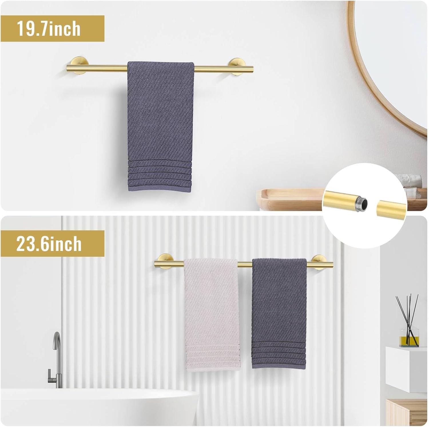 Bathroom Towel Holder Set, 6 Pieces Brushed Gold Towel Bar Bathroom Hardware Accessories Set, SUS304 Stainless Steel Towel Rack Towel Ring Toilet Paper Holder Set Wall Mounted