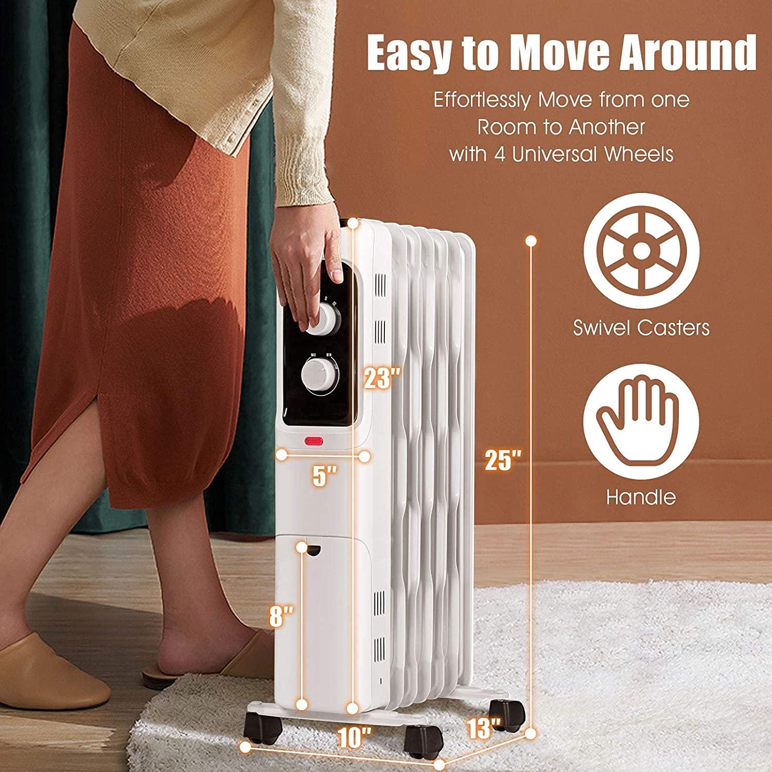 Costway 1500W Oil Filled Heater Portable Radiator Space Heater w/ Adjustable Thermostat White