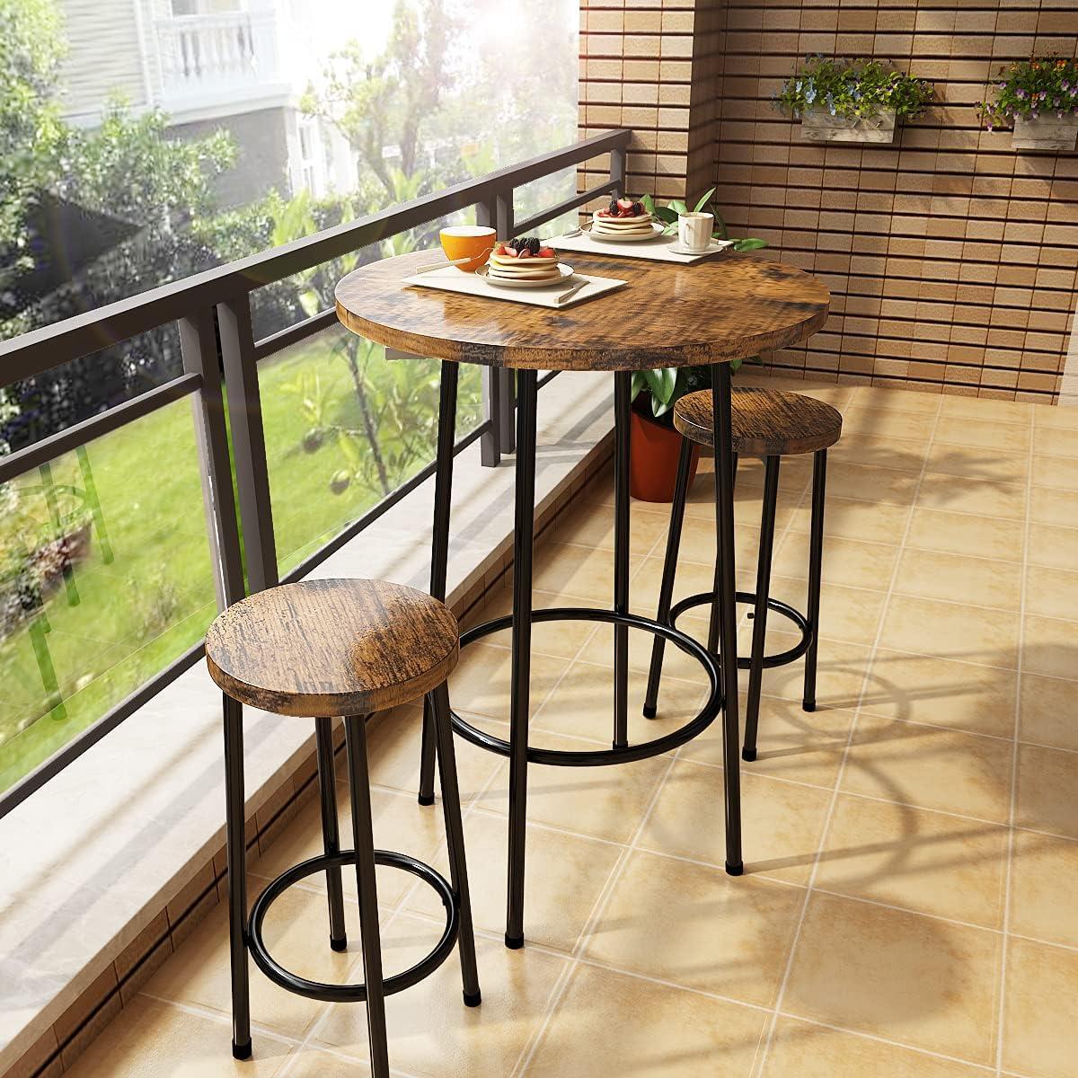 Recaceik 3 Piece Pub Dining Set, Modern Round bar Table and Stools for 2 Kitchen Counter Height Wood Top Bistro Easy Assemble for Breakfast Nook Living Room Small Space Restaurant, Rustic Brown