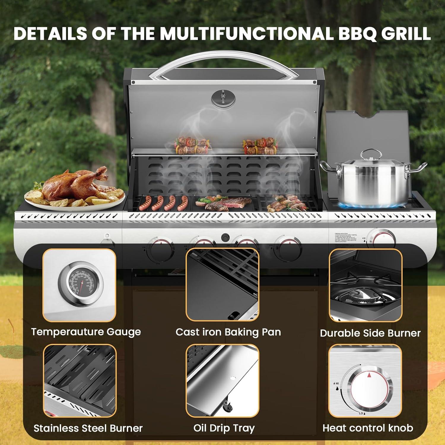 Auseo 4 Burner Propane Gas Grill with Side Burner, Portable Outdoor Barbecue Cooking Stainless BBQ, 42,000 BTU