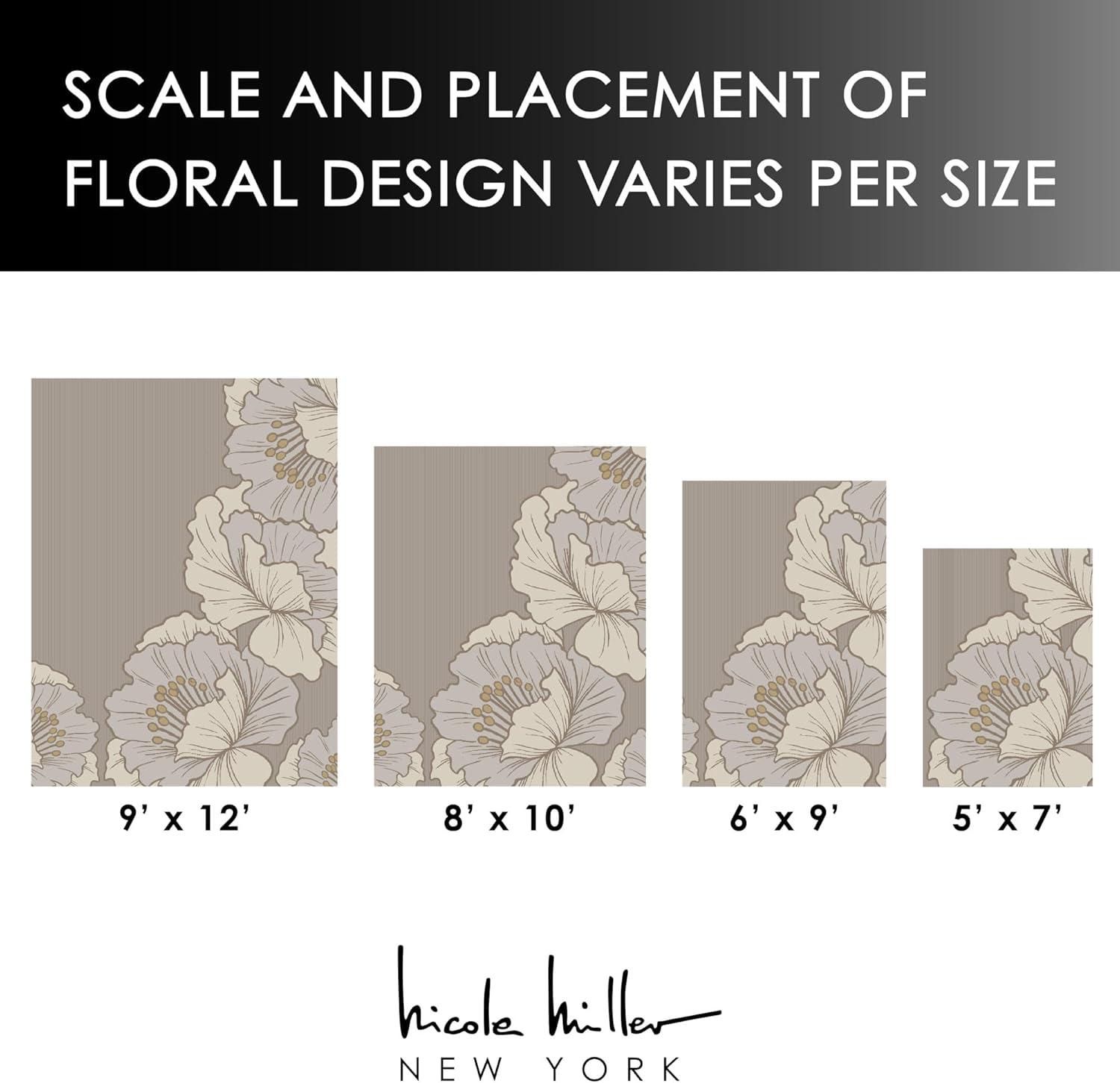 NICOLE MILLER NEW YORK Flora Grandeur Bloom Handcrafted Area Rug, Natural Wool Rug, Bold Floral Rug, Taupe, 6'x9'