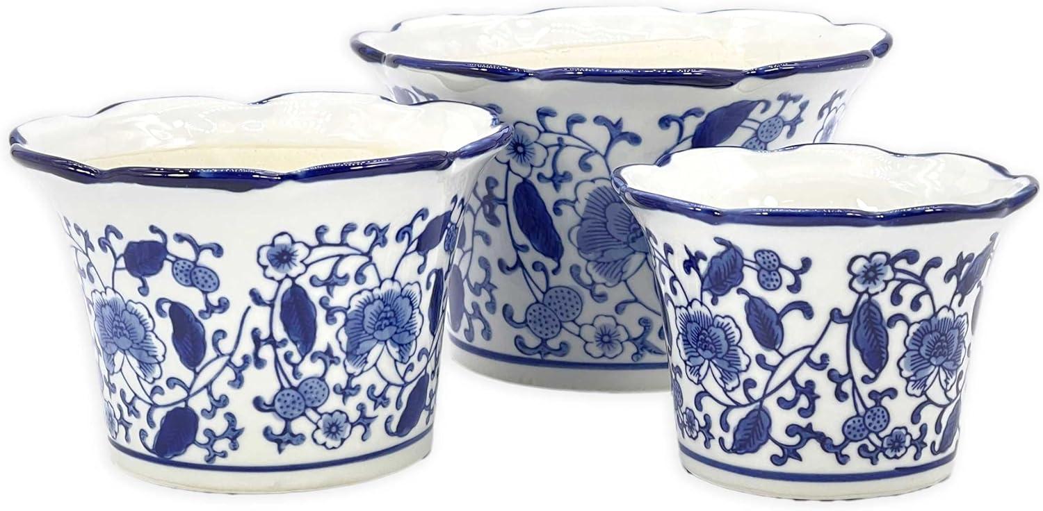 Galt International Blue & White Floral Porcelain Ceramic Decorative Flower Pot 8"/6"/4.5" Garden Pots Chinese Asian Design - Set of 3 Cylinder Fluted Edge
