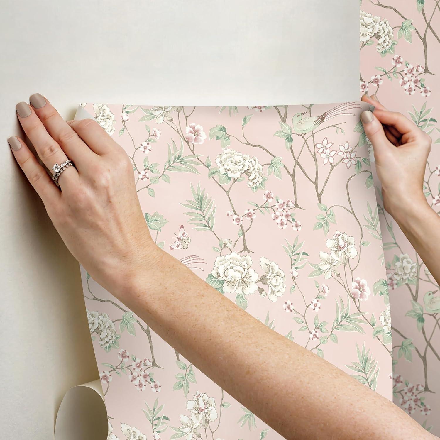 Chinoiserie Garden Pink Self-Adhesive Peel and Stick Wallpaper